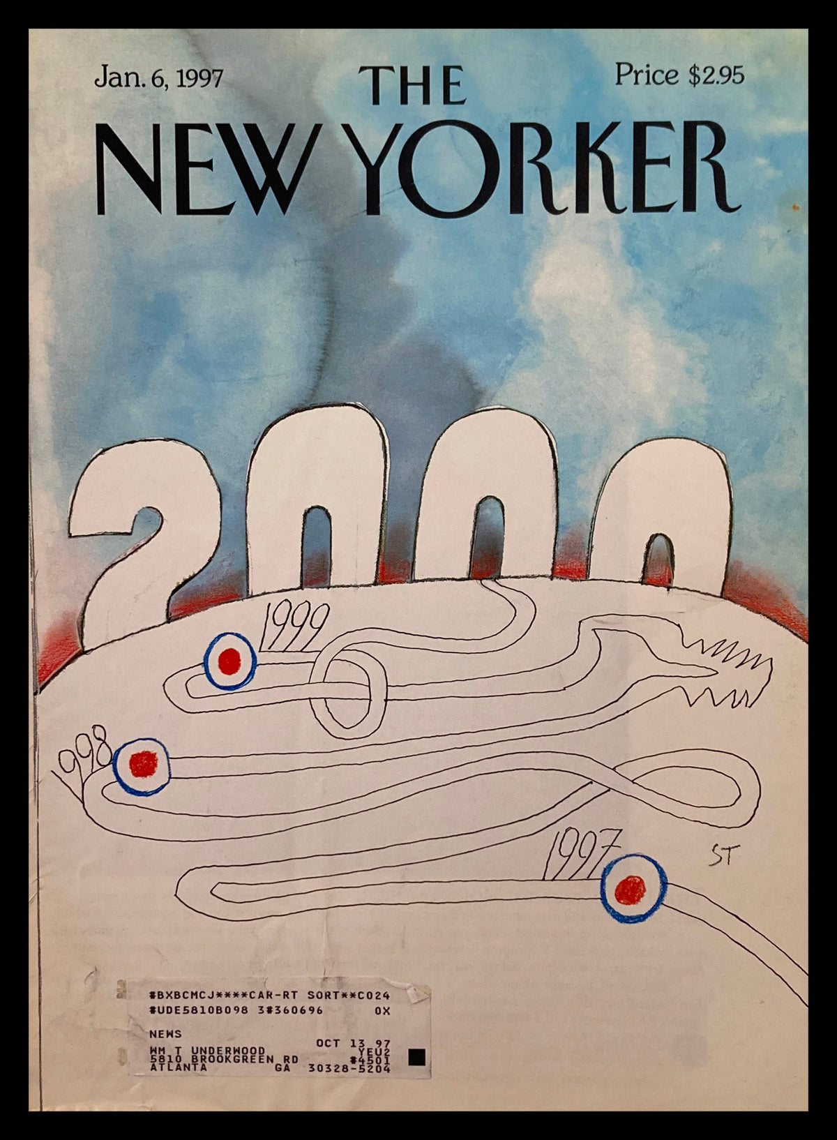 Cover of The New Yorker January 6, 1997, titled '2000 Another Year' by Saul Steinberg, featuring a whimsical illustration and vibrant colors.