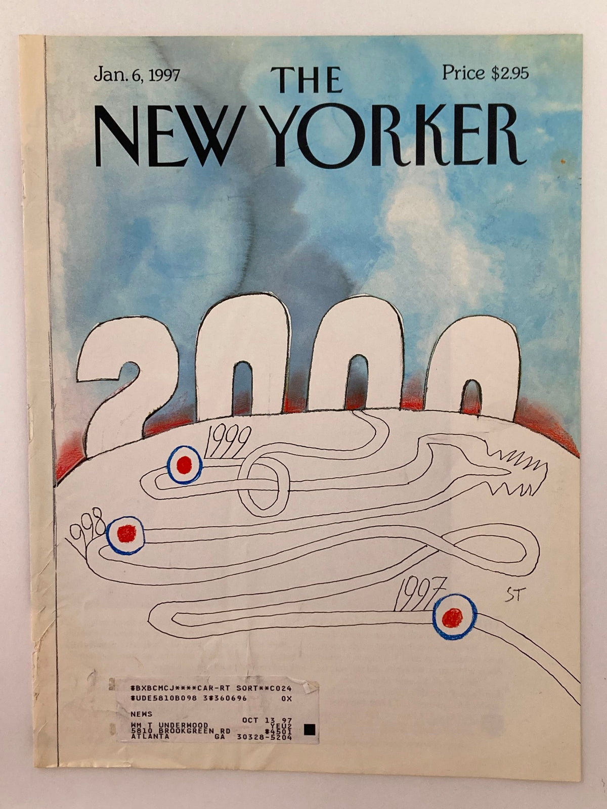 Another view of the cover of The New Yorker from January 6, 1997, showcasing the artwork '2000 Another Year' by Saul Steinberg.
