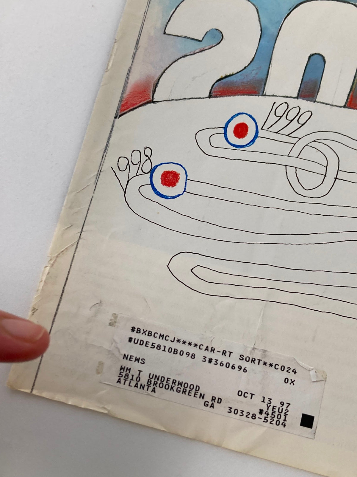 Close-up detail of The New Yorker cover from January 6, 1997, displaying the print label and minor wear on the illustration '2000 Another Year' by Saul Steinberg.