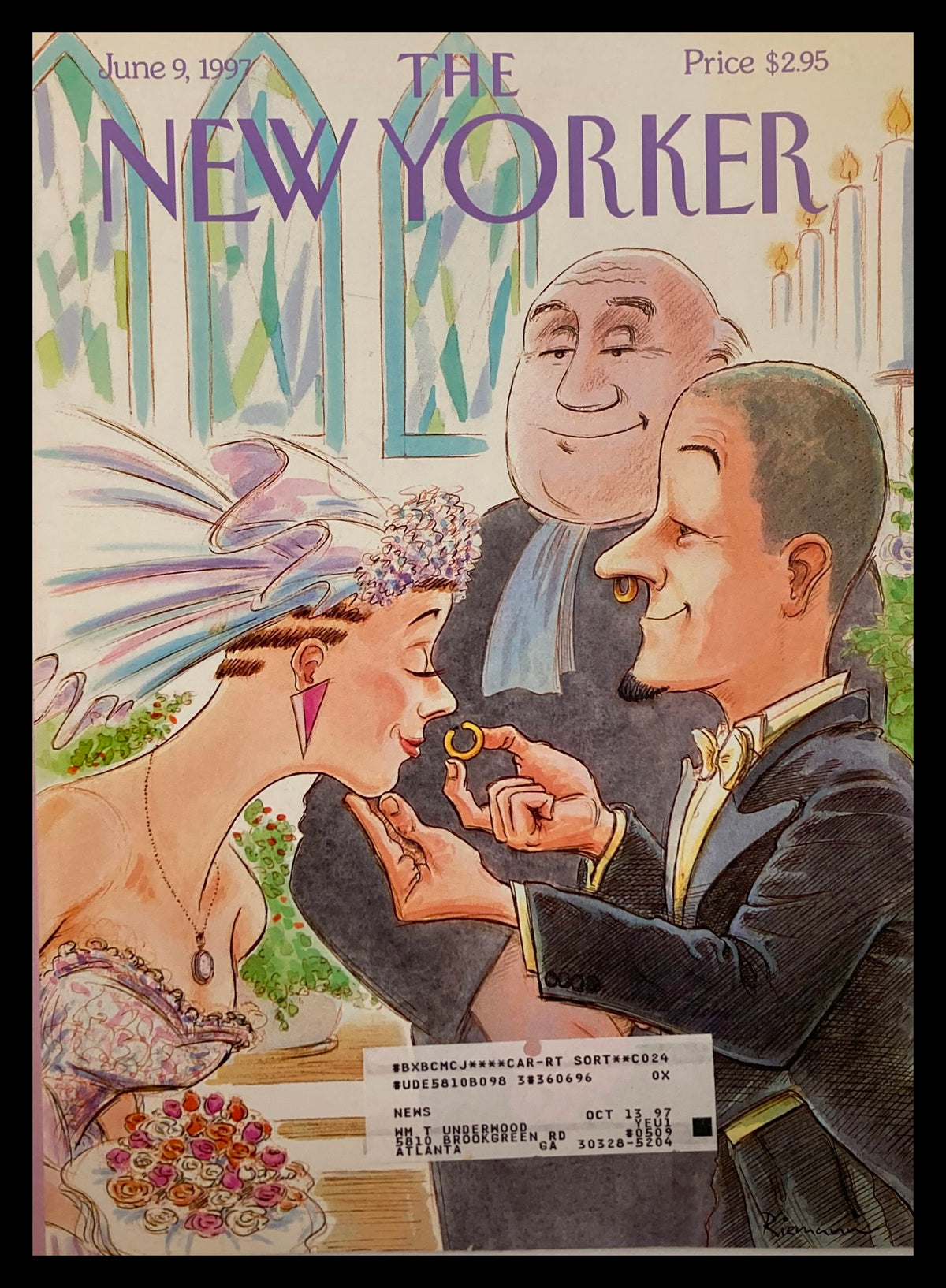 Cover of The New Yorker dated June 9, 1997, featuring the illustration titled 'Modern Marriage' by George Riemann, depicting a wedding scene with a bride and groom exchanging rings and a smiling officiant.
