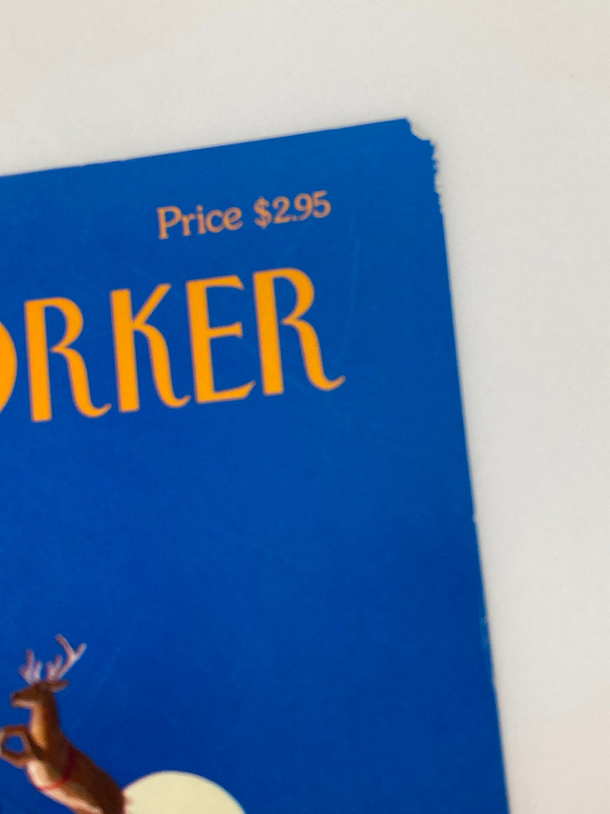 Close-up view of The New Yorker cover, December 8, 1997, titled "Cut!" by Bruce McCall, highlighting the magazine price of $2.95 and part of the reindeer illustration.