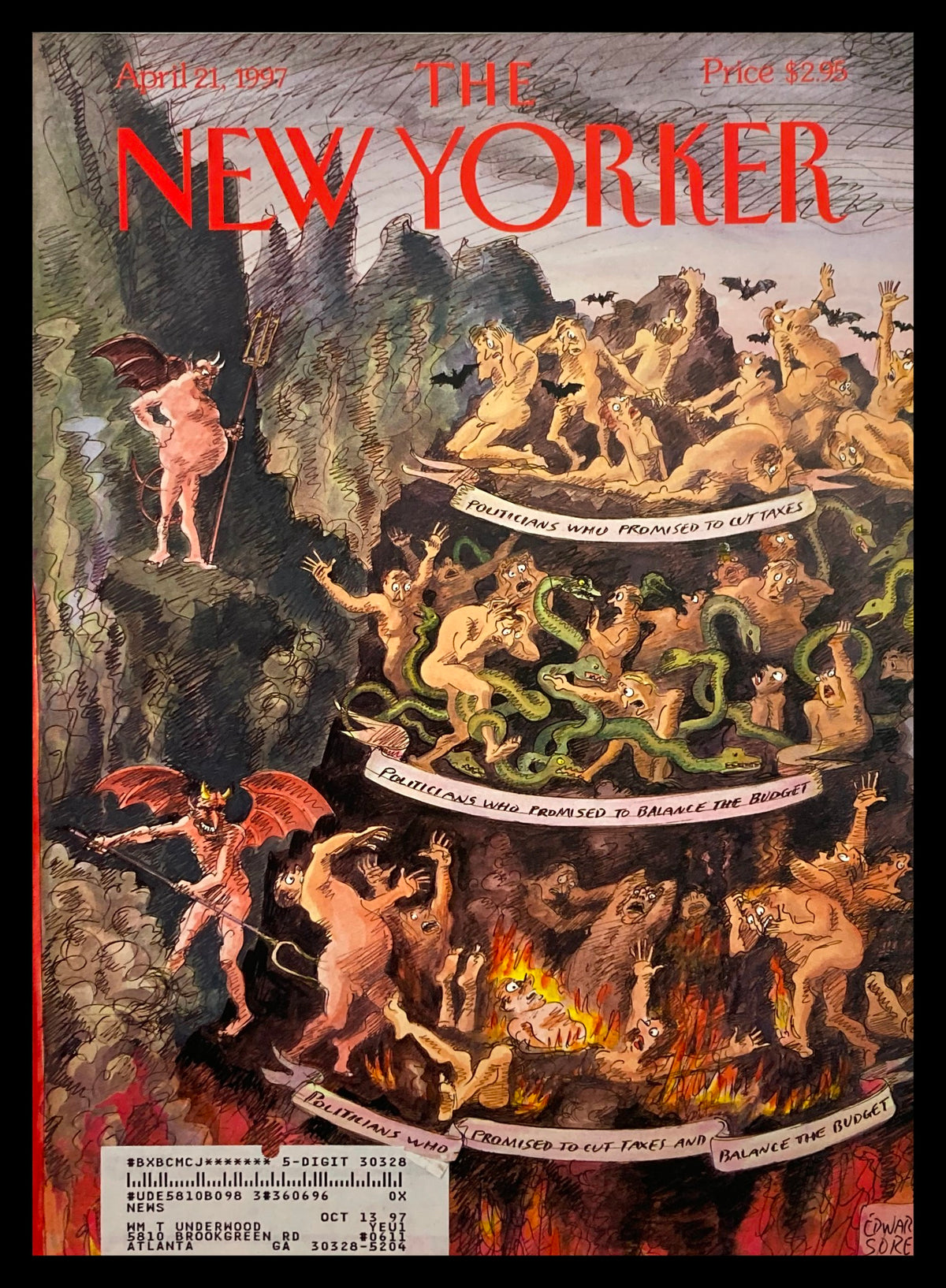 Cover of The New Yorker, April 21, 1997, titled 'The Unforgiven' by Edward Sorel, illustrating a chaotic scene with politicians in hell, surrounded by flames, depicting themes of budget cuts and tax promises.