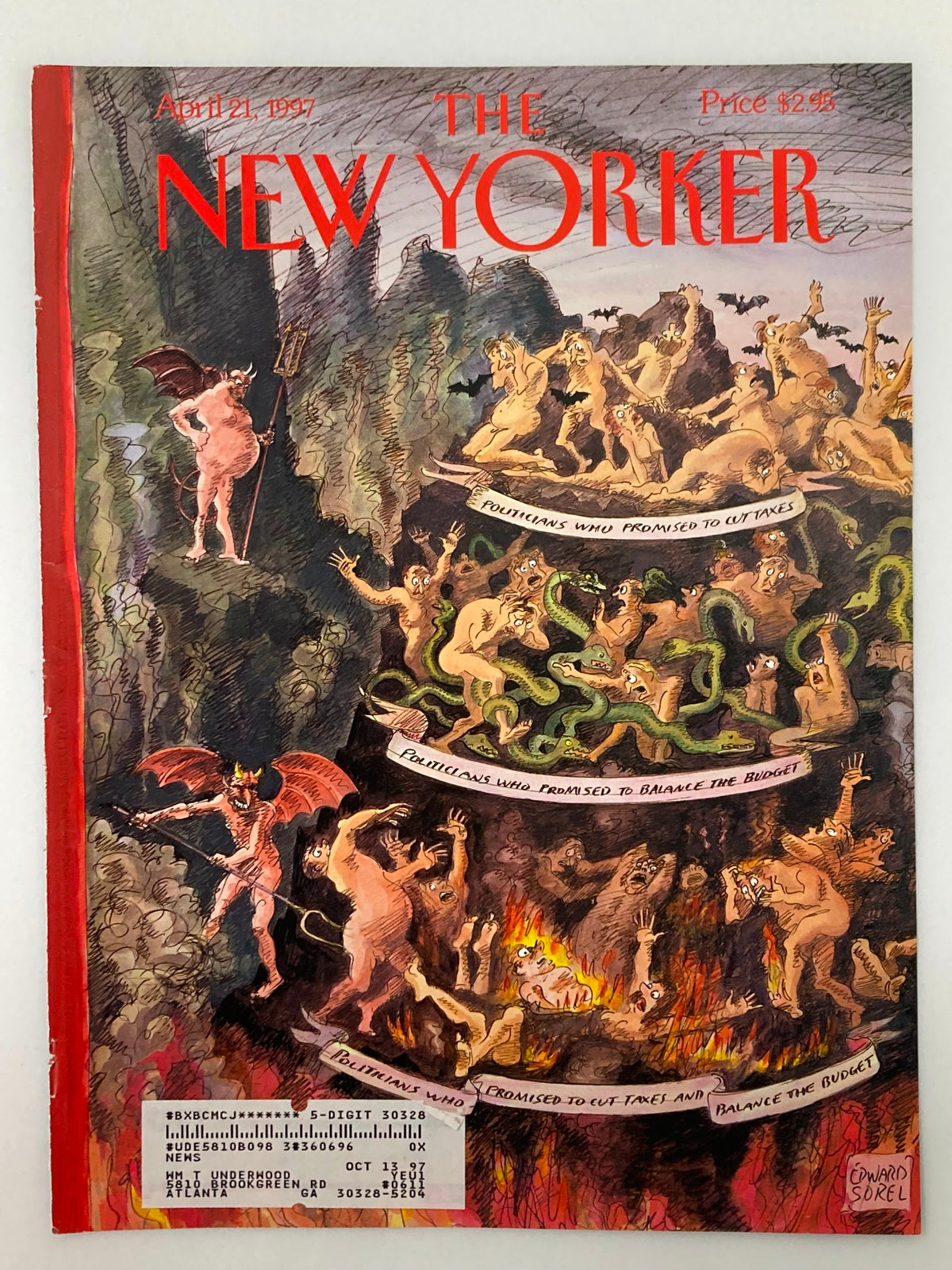 Another view of The New Yorker cover from April 21, 1997, featuring the artwork 'The Unforgiven' by Edward Sorel, showcasing a vivid hellish landscape with politicians and various characters, highlighting social and political commentary.