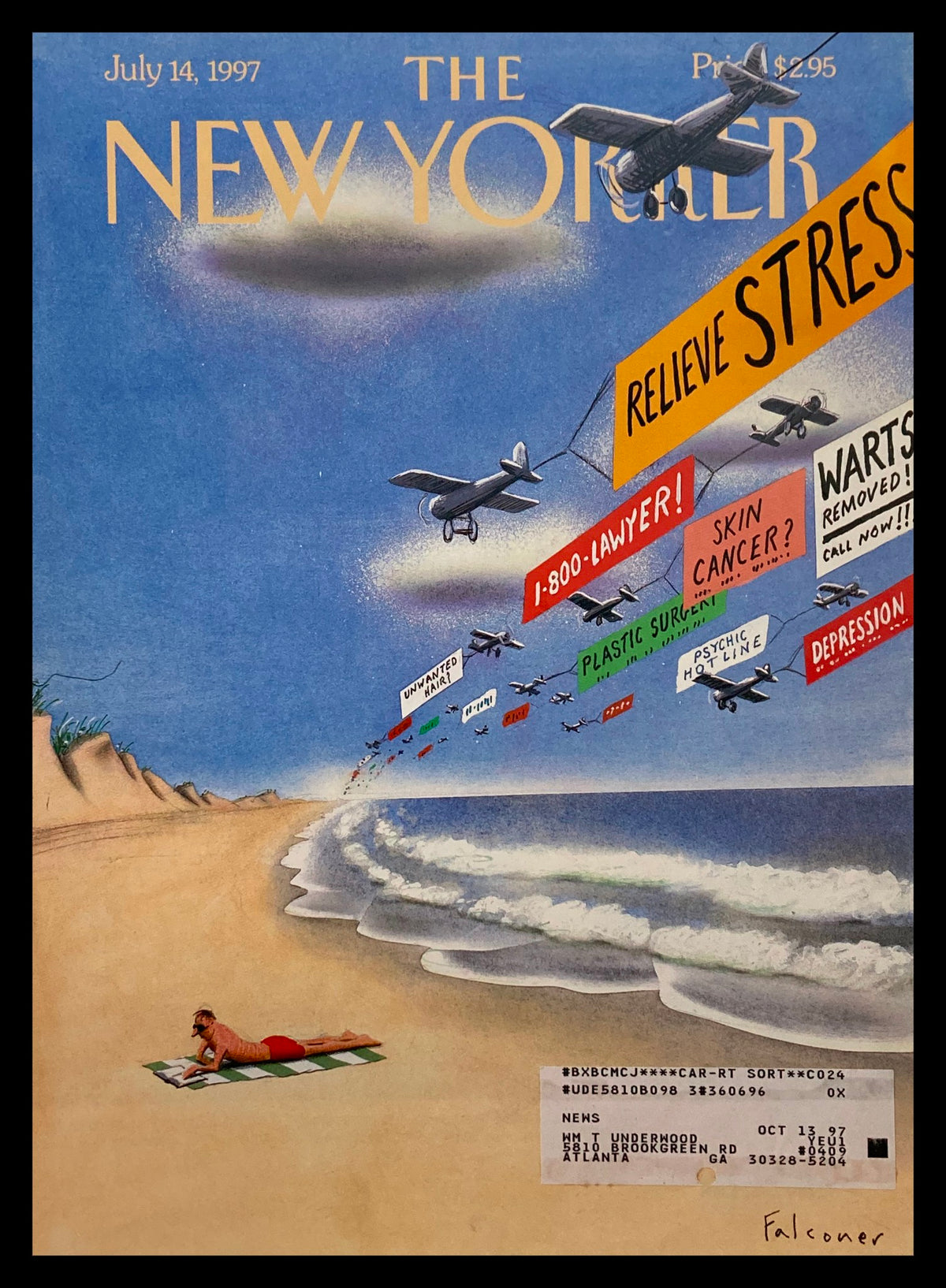 The New Yorker July 14 1997 cover featuring the illustration 'Going Away From It All' by Ian Falconer, depicting a woman relaxing on the beach with aircraft towing colorful advertisements overhead, evoking themes of stress relief.