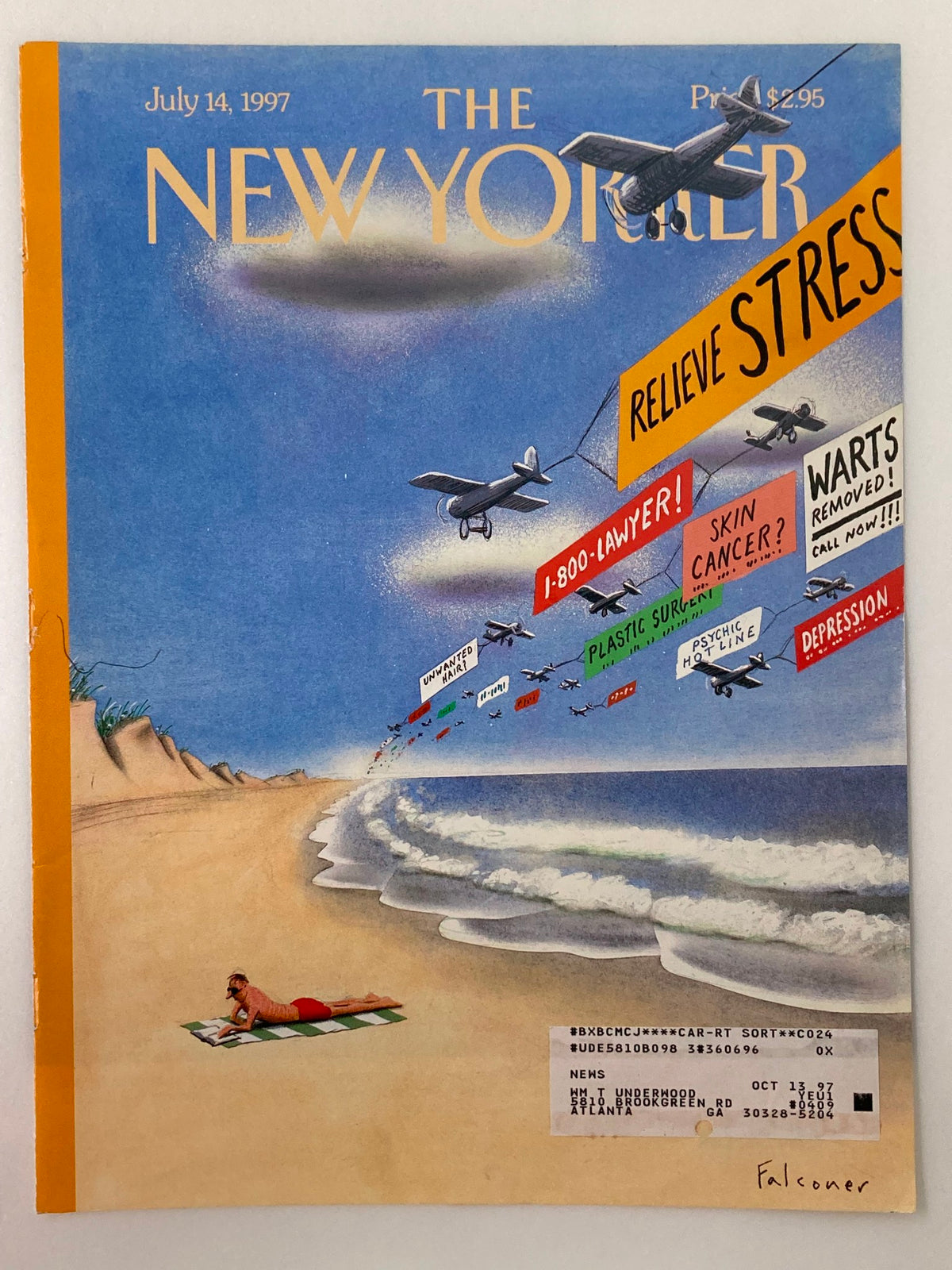 The New Yorker July 14 1997 cover displaying 'Going Away From It All' by Ian Falconer, showcasing a beach scene with a sunbather beneath skywriting planes advertising stress relief services.