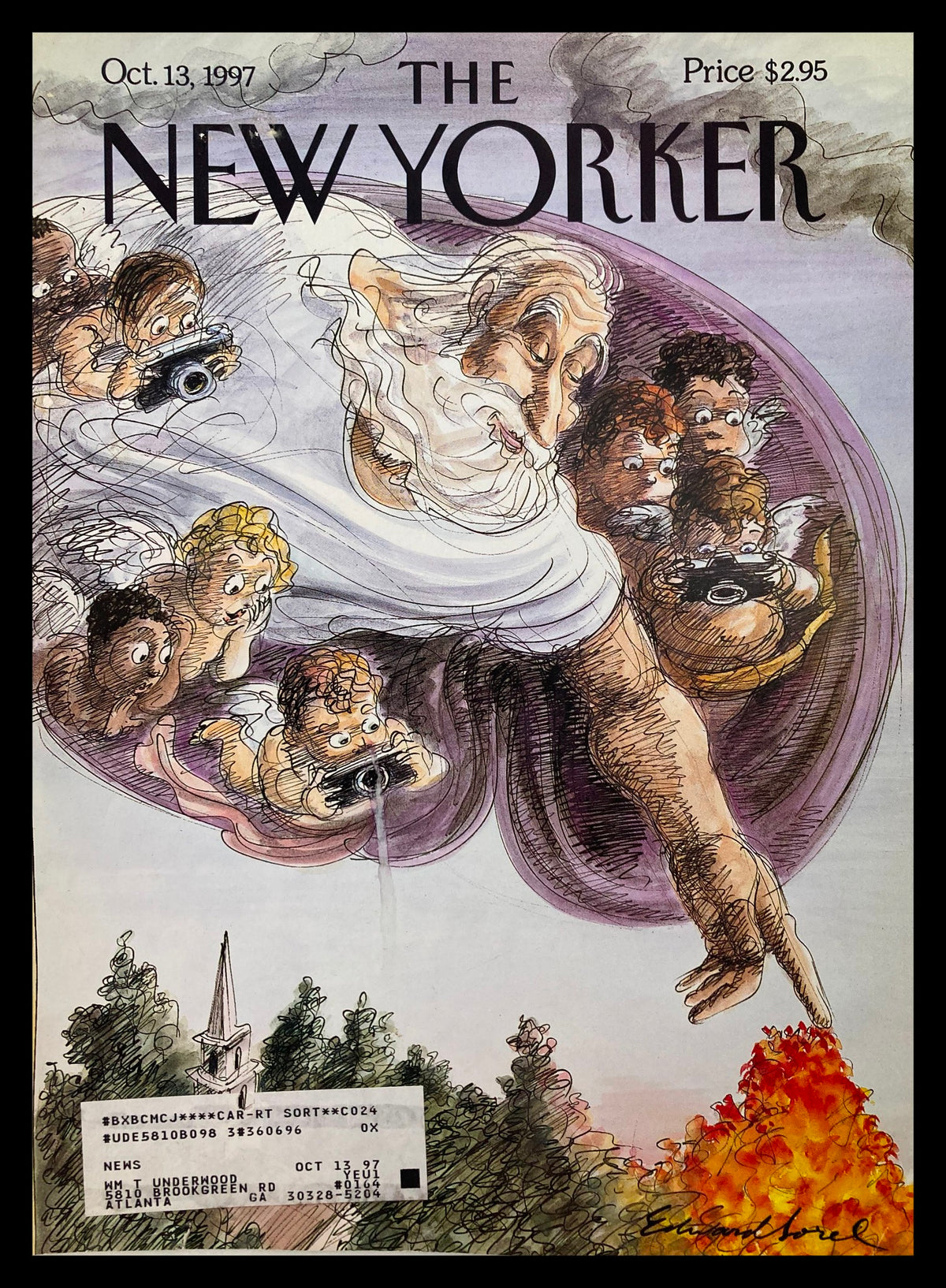 The New Yorker cover from October 13, 1997, depicting a whimsical illustration by Edward Sorel, showcasing vibrant autumn colors and engaging characters, perfect for art collectors.