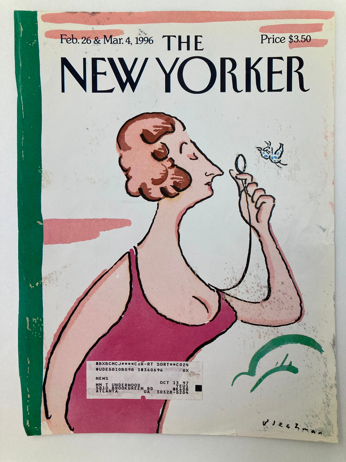 Cover of The New Yorker dated February 26, 1996, featuring artwork by R.O. Blechman depicting a woman with a magnifying glass.