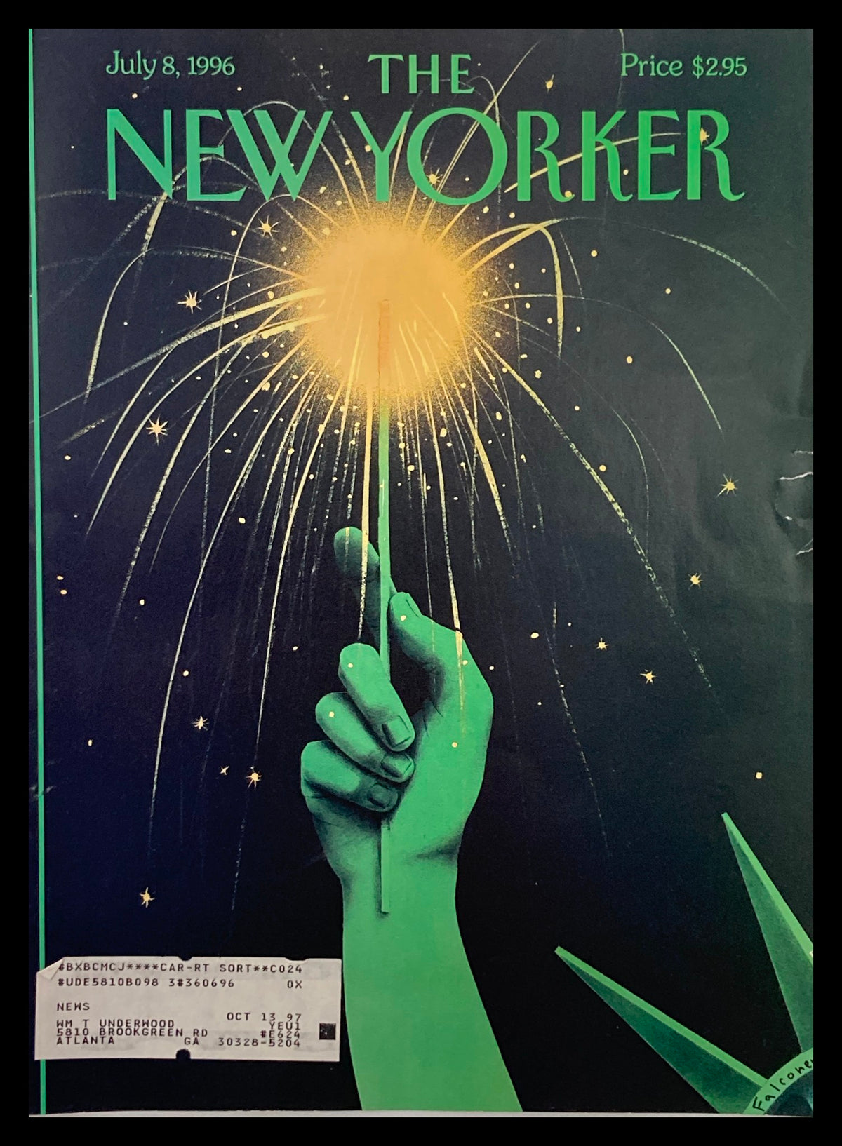 Cover of The New Yorker dated July 8, 1996, featuring the illustration 'Liberated' by Ian Falconer, showcasing a hand holding a sparkler against a vibrant green background.