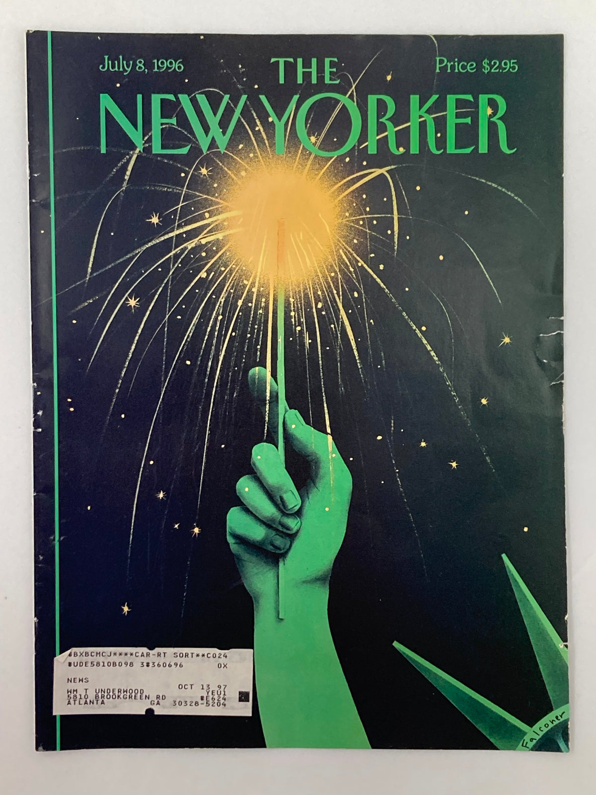 The New Yorker cover from July 8, 1996, displaying the artwork 'Liberated' by Ian Falconer, with a detailed view of the hand and sparkler, characterized by a green color scheme.