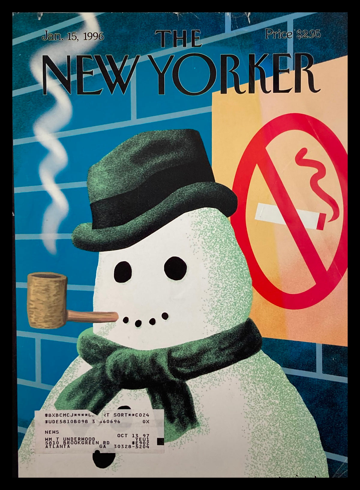 Cover of The New Yorker January 15, 1996 featuring a whimsical snowman with a pipe titled 'Snow Smoking' by Art Spiegelman, showcasing vibrant colors and nostalgic elements.