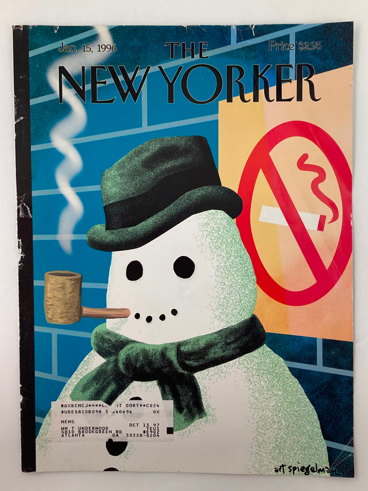 Front view of The New Yorker January 15, 1996 cover titled 'Snow Smoking', illustrating a snowman with a pipe against a colorful background, art by Art Spiegelman.