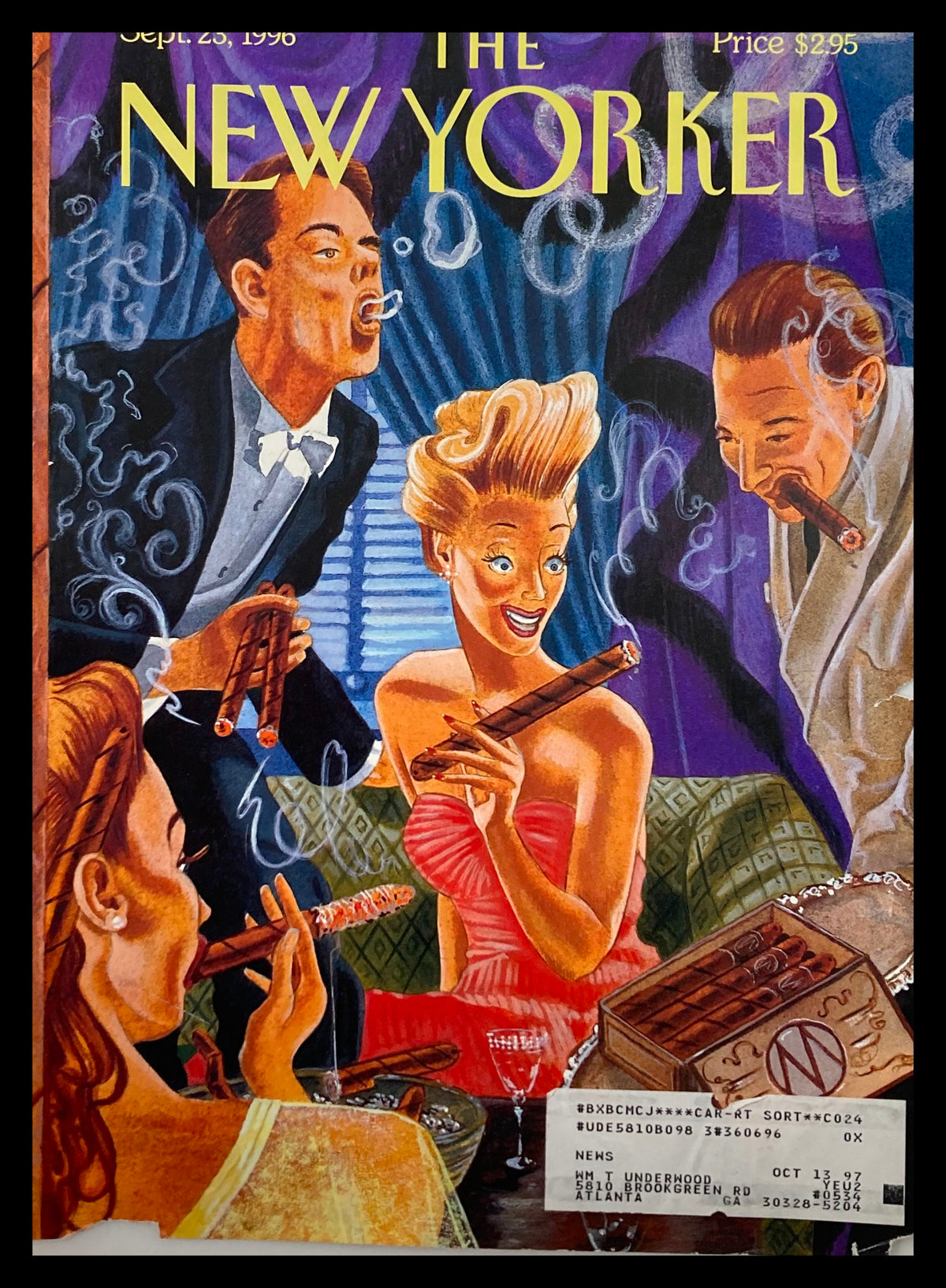 Cover of The New Yorker magazine dated September 23, 1996, titled 'Social Lights' by M. Scott Miller, featuring vibrant illustration of socialites enjoying cigars and drinks, showcasing unique artistry and vintage appeal.