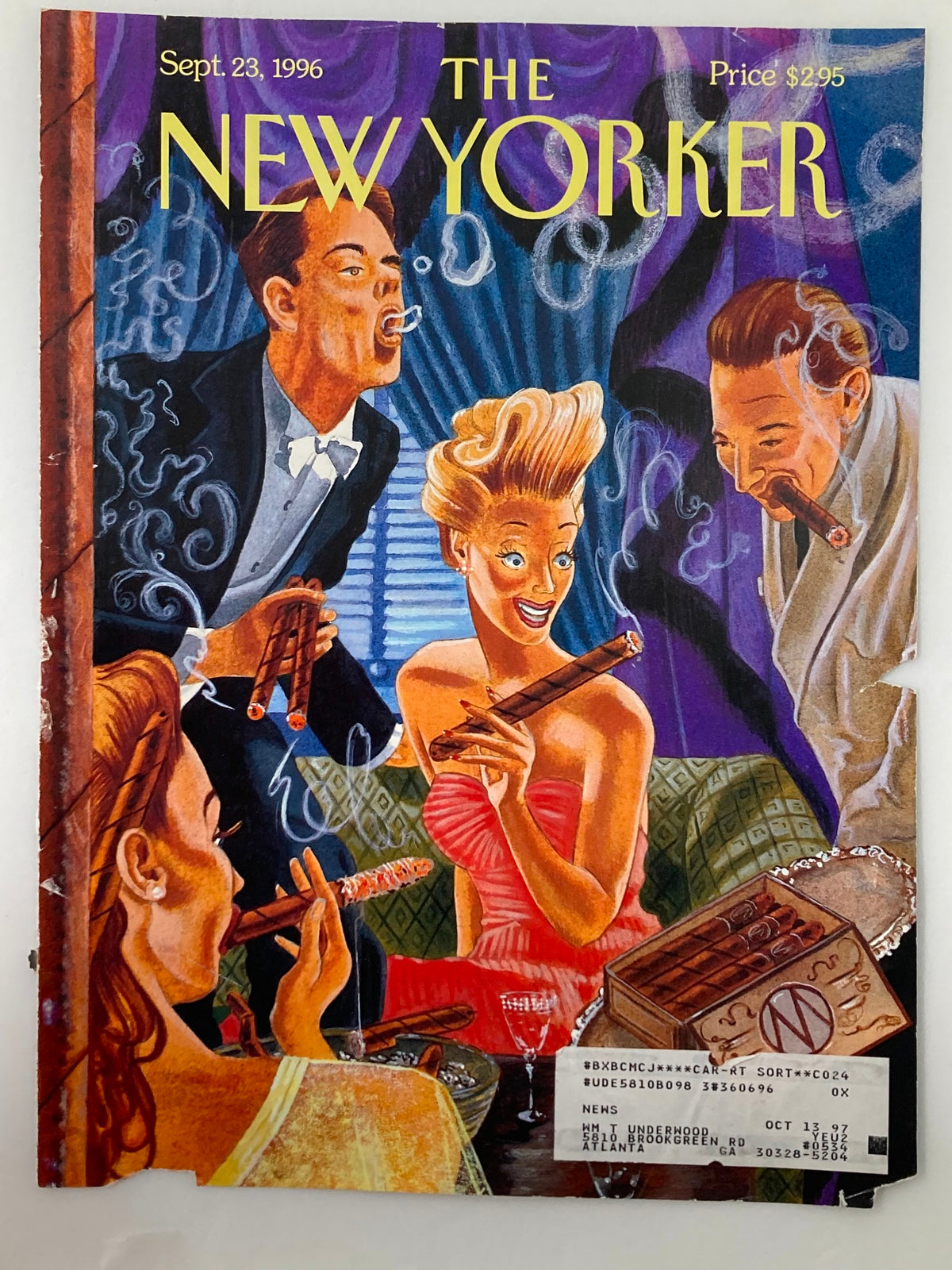 Cover only edition of The New Yorker, September 23, 1996, featuring the illustration "Social Lights" by M. Scott Miller, showcasing a vibrant social scene with characters enjoying cigars.