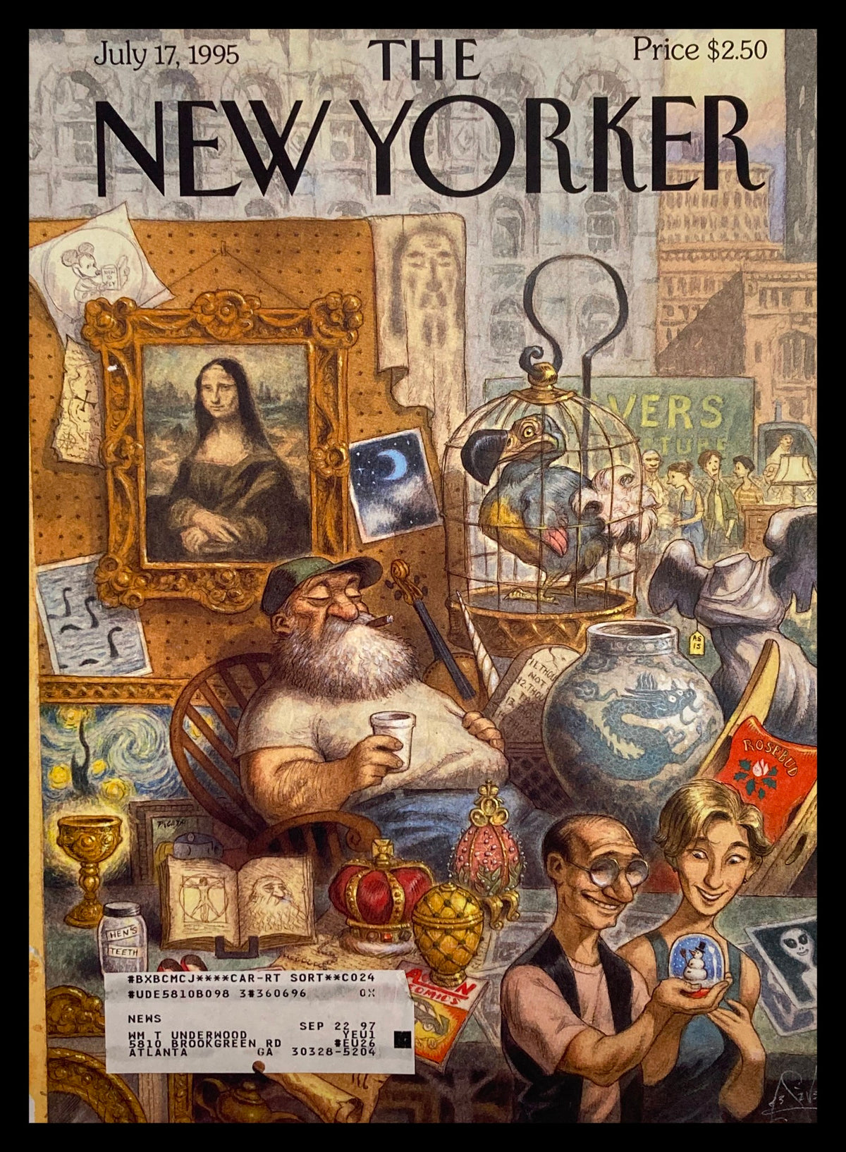 Cover of The New Yorker dated July 17, 1995, featuring whimsical illustration 'The Treasure' by Peter de Seve, depicting various artistic treasures including the Mona Lisa and other collectibles.