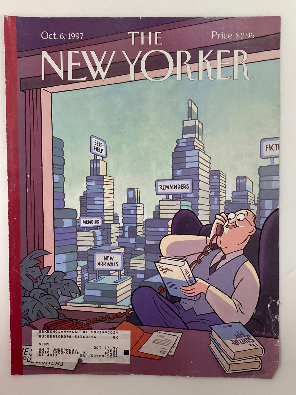 COVER ONLY The New Yorker October 6, 1997 Tall Stories by Max displaying a colorful office scene with a gentleman on the phone, surrounded by towering book stacks labeled 'New Arrivals' and 'Remainders'.