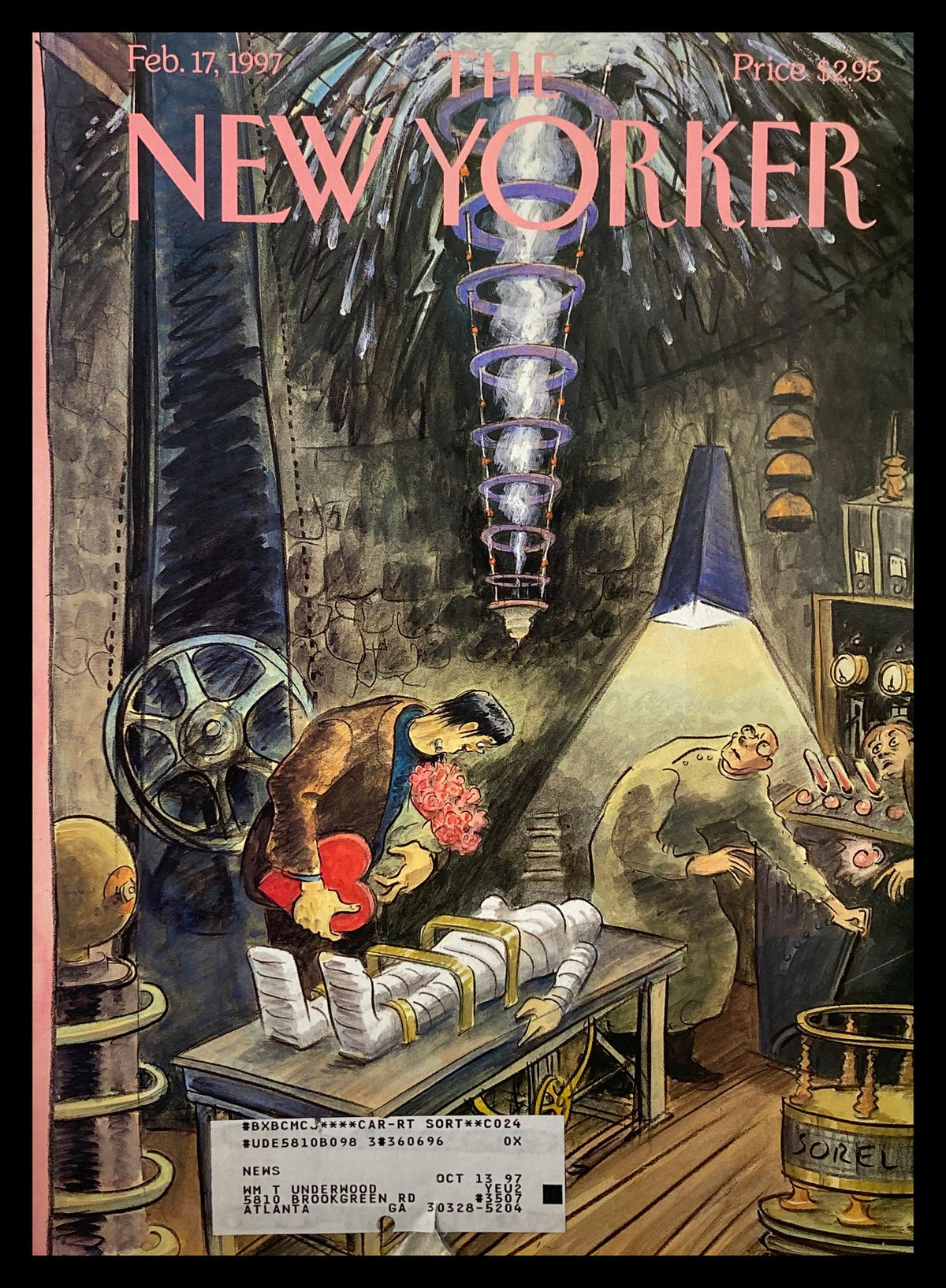 Vintage cover of The New Yorker dated February 17, 1997, titled 'Ghouls Rush In' by Edward Sorel. The illustration features a whimsical and eerie scene, highlighting a character holding flowers while other figures engage in peculiar activities in a dimly lit workshop. A captivating piece of art reflecting the unique style of The New Yorker.