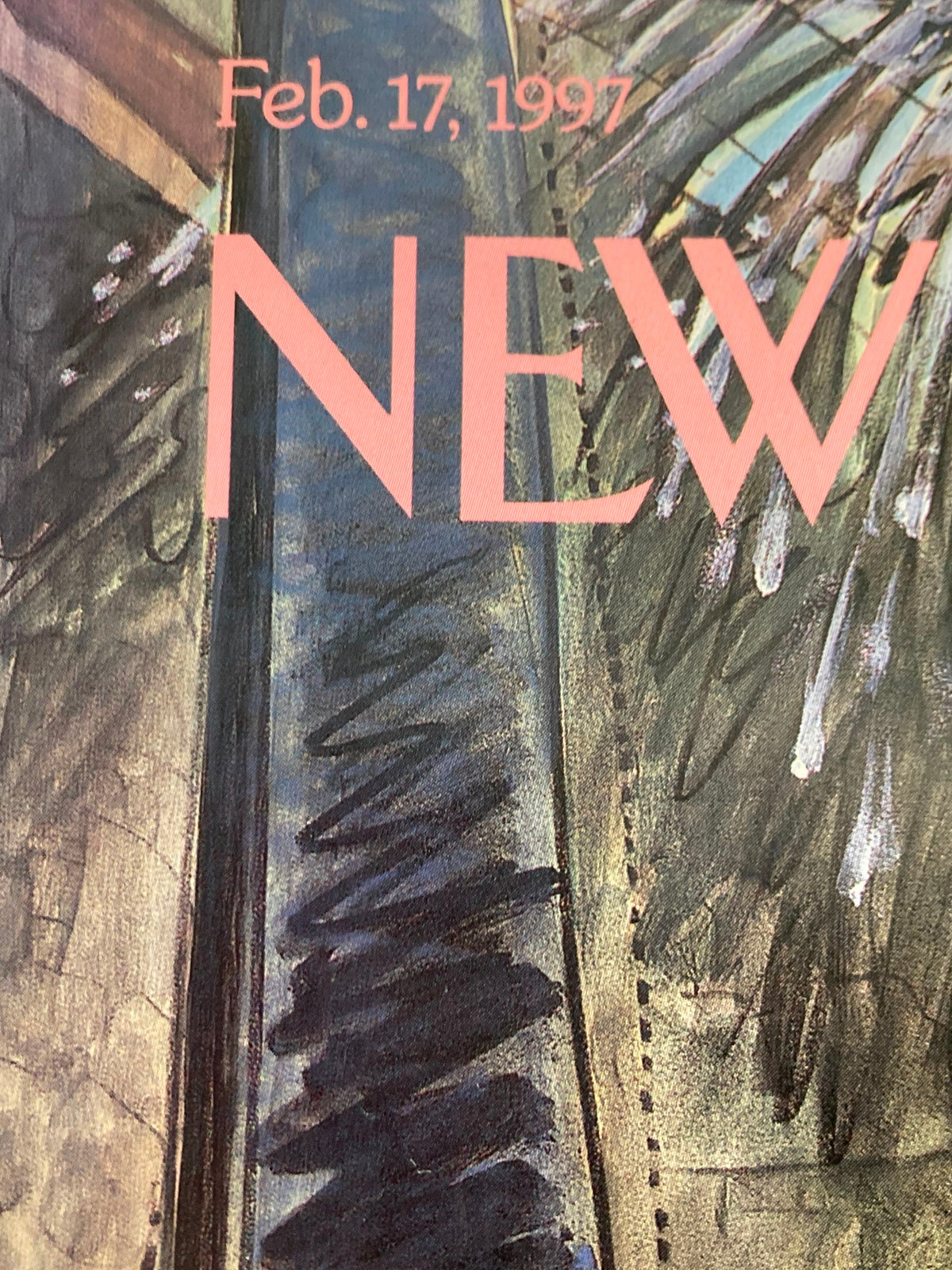 Detail of the date and title on the cover of The New Yorker magazine, dated February 17, 1997, part of the issue featuring 'Ghouls Rush In' by Edward Sorel, highlighting its vintage charm.