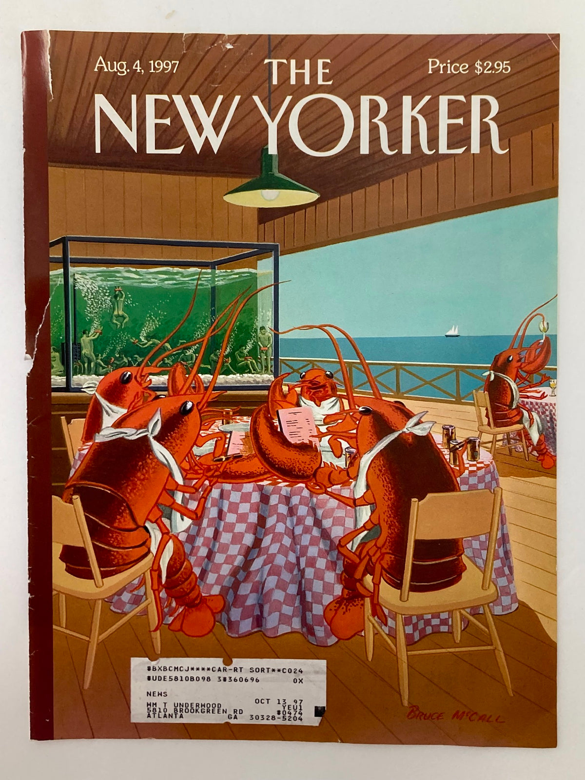 Cover image of The New Yorker magazine from August 4, 1997, titled 'Lobsterman's Special' by Bruce McCall, showcasing lobsters dining together under a rustic interior setting.