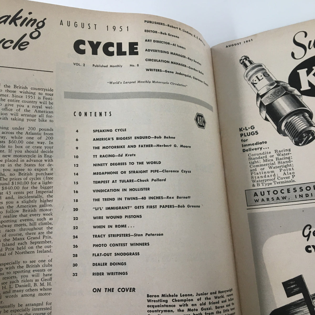 Interior page of VTG Cycle Magazine August 1951 displaying the table of contents, showcasing notable articles on motorcycle racing and culture.