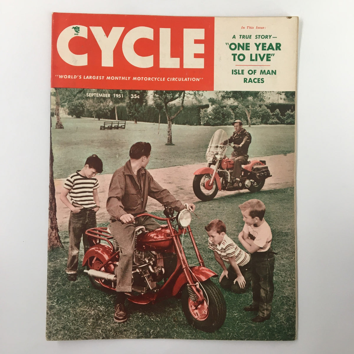 VTG Cycle Magazine September 1951 cover featuring a vintage motorcycle, children playing, and an article titled 'A True Story: One Year To Live'.