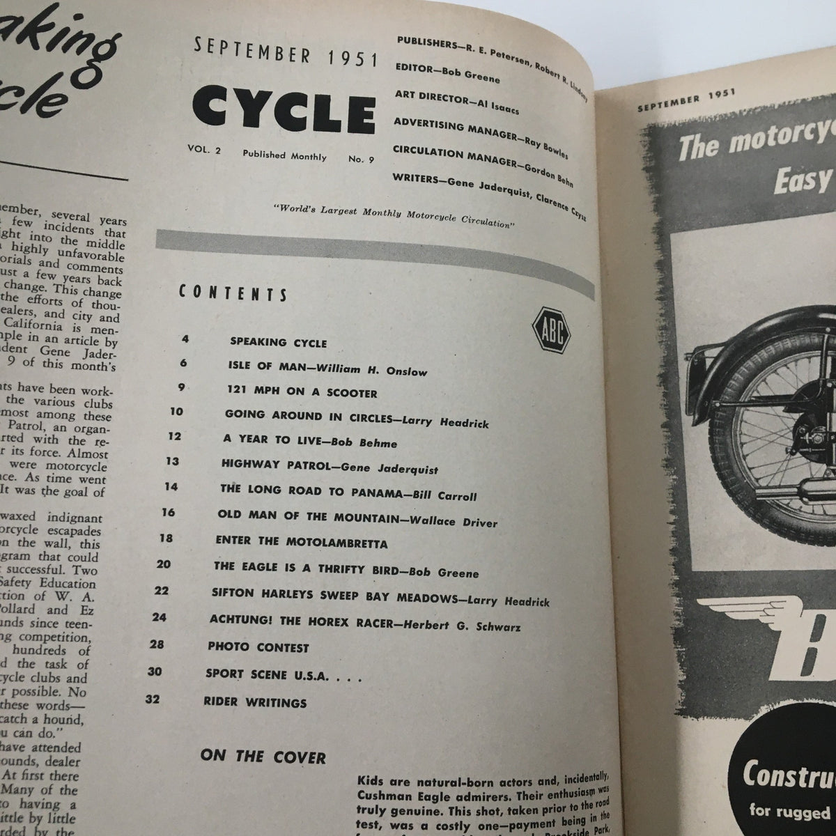 Inside page of VTG Cycle Magazine September 1951 displaying the table of contents, including articles on cycling and motorcycle culture.