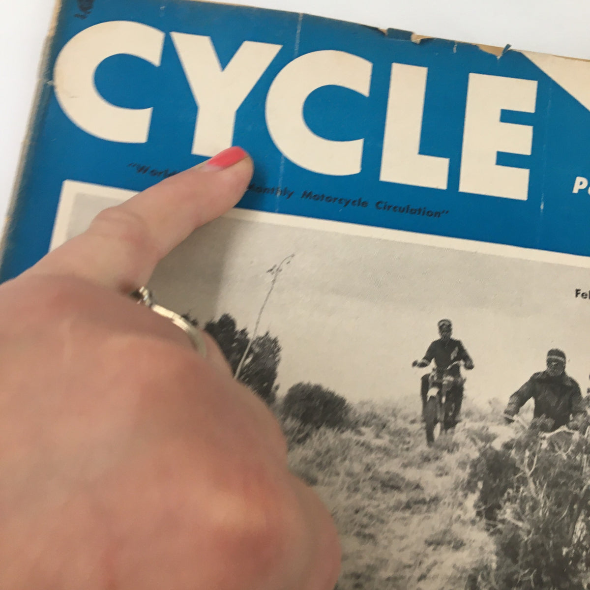 Detail of the cover of the VTG Cycle Magazine February 1953, prominently displaying the word 'CYCLE' and highlighting its motorcycle culture theme.