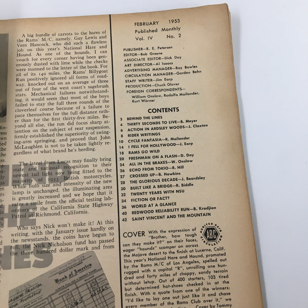 Inside view of the VTG Cycle Magazine February 1953, displaying the table of contents with topics including 'Rams Go Wild' and various motorcycle adventures.
