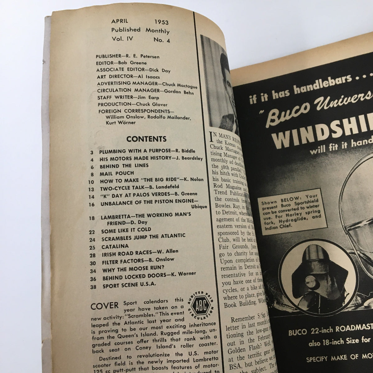 Interior page of VTG Cycle Magazine April 1953 showcasing the table of contents with articles related to vintage motorcycles and the Scrambles Event from Queen's Island.