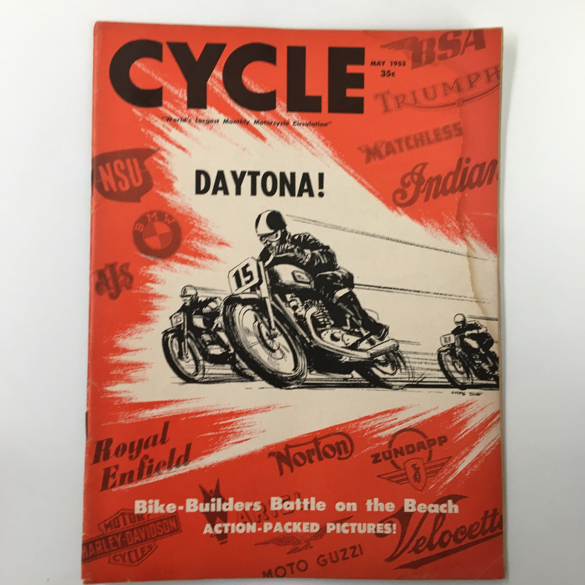 Cover of VTG Cycle Magazine May 1953 featuring a motorcycle race scene with the title 'DAYTONA!' highlighting the iconic motorcycle brands and announcing 'Bike-Builders Battle on the Beach'.