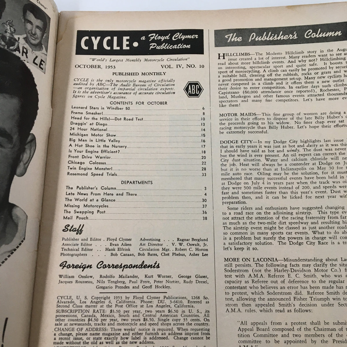 Inside page of VTG Cycle Magazine from October 1953 featuring the contents and introductory columns, titled 'CYCLE - a Floyd Clymer Publication', showcasing articles and features on motorcycle events.