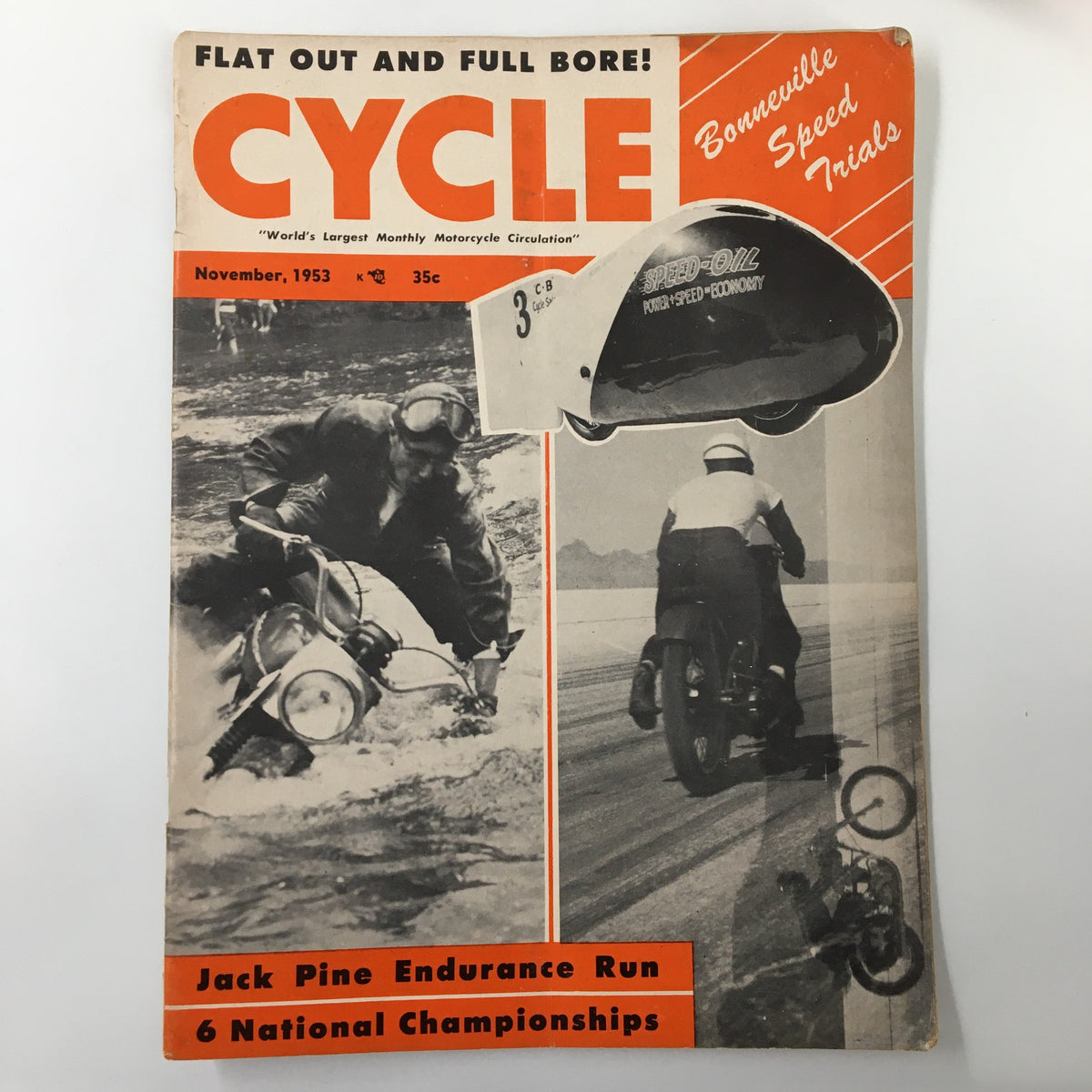 Cover of VTG Cycle Magazine from November 1953 featuring the Jack Pine Endurance Run, showcasing motorcycle racing with graphics and images representing speed trials.