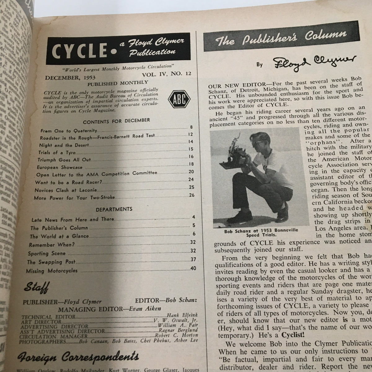Interior page of VTG Cycle Magazine December 1953 featuring the Publisher's Column by Floyd Clymer, detailing editor Bob Schantz's background in motorcycle sport.