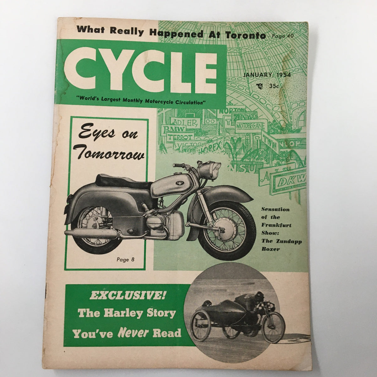 Cover of VTG Cycle Magazine January 1954 featuring 'The Harley Story You've Never Read', showcasing a vintage motorcycle and the tagline 'Eyes on Tomorrow'.