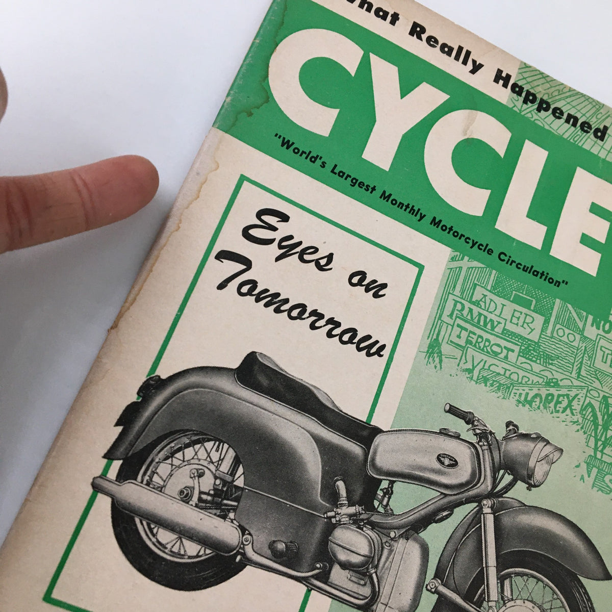 Close-up of the VTG Cycle Magazine January 1954 cover highlighting vintage motorcycle design and the title 'Eyes on Tomorrow'.