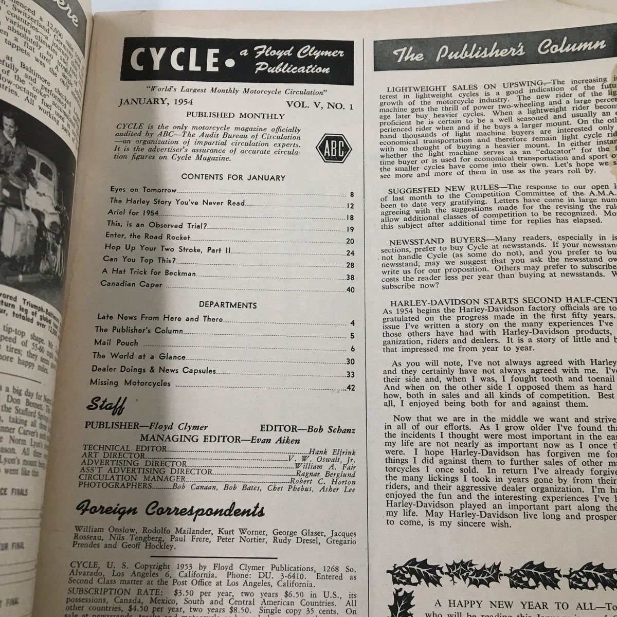 Interior page of VTG Cycle Magazine January 1954 showcasing the table of contents and publisher's column, highlighting 'The Harley Story You've Never Read' article.