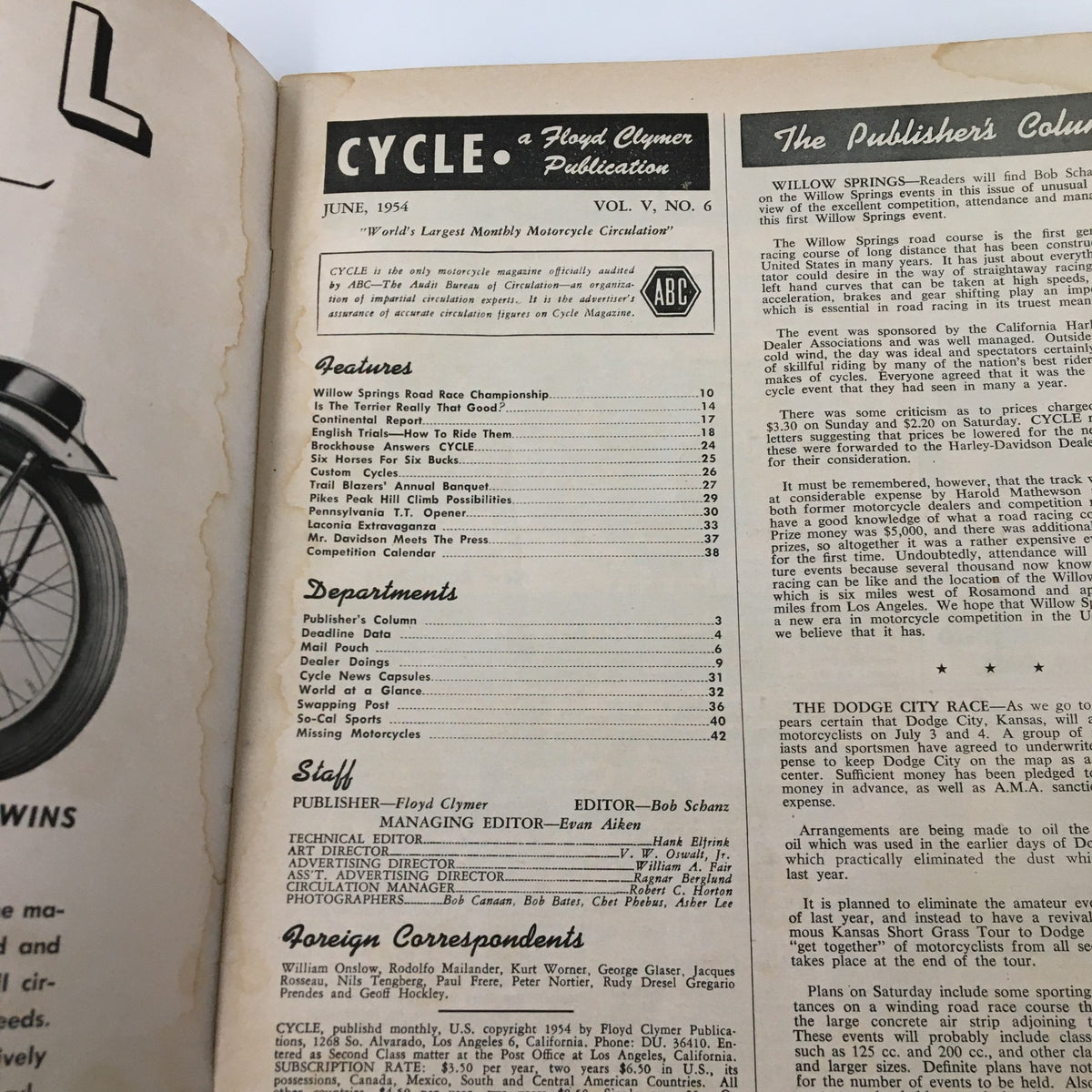 Interior page of the VTG Cycle Magazine June 1954 displaying the table of contents and features related to motorcycle racing and trials.