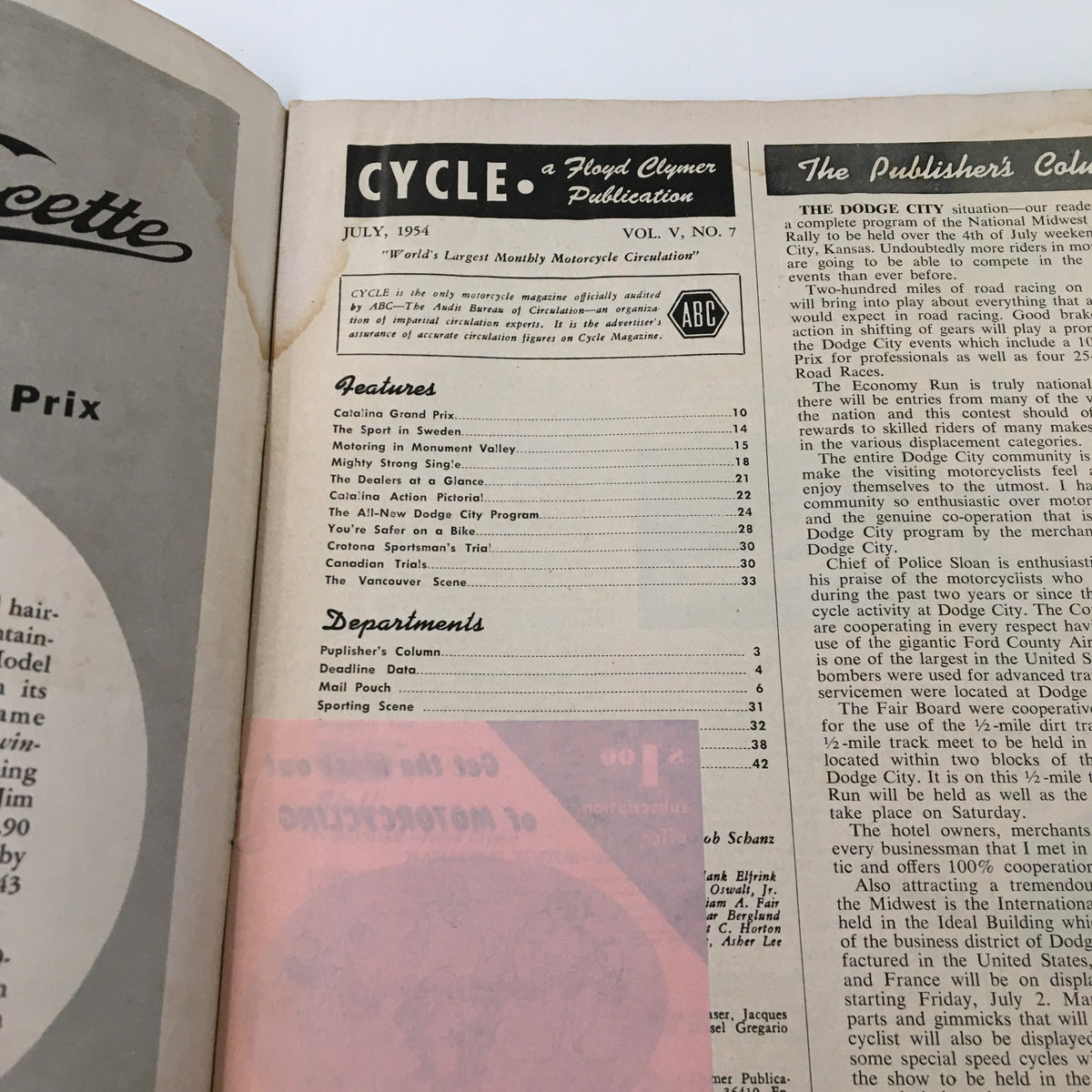 Inside page of VTG Cycle Magazine July 1954 showing the table of contents, including features on various motorcycle topics, emphasizing the road test for The 'Catalina' Velo.