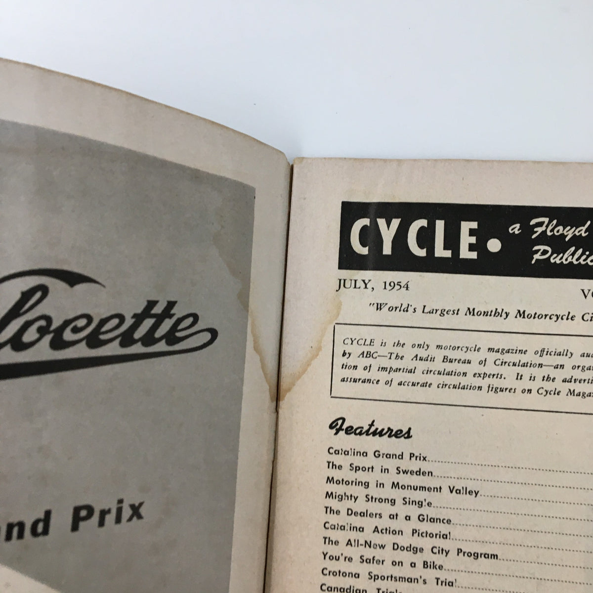 Inside page of VTG Cycle Magazine July 1954 with publication details and features listed, showcasing the magazine's title and focus, including the road test for The 'Catalina' Velo.