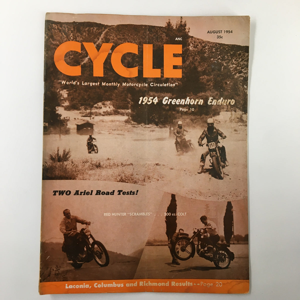 Cover of VTG Cycle Magazine August 1954 featuring the Greenhorn Enduro and Red Hunter Scrambles, showcasing vintage motorcycle racing imagery.