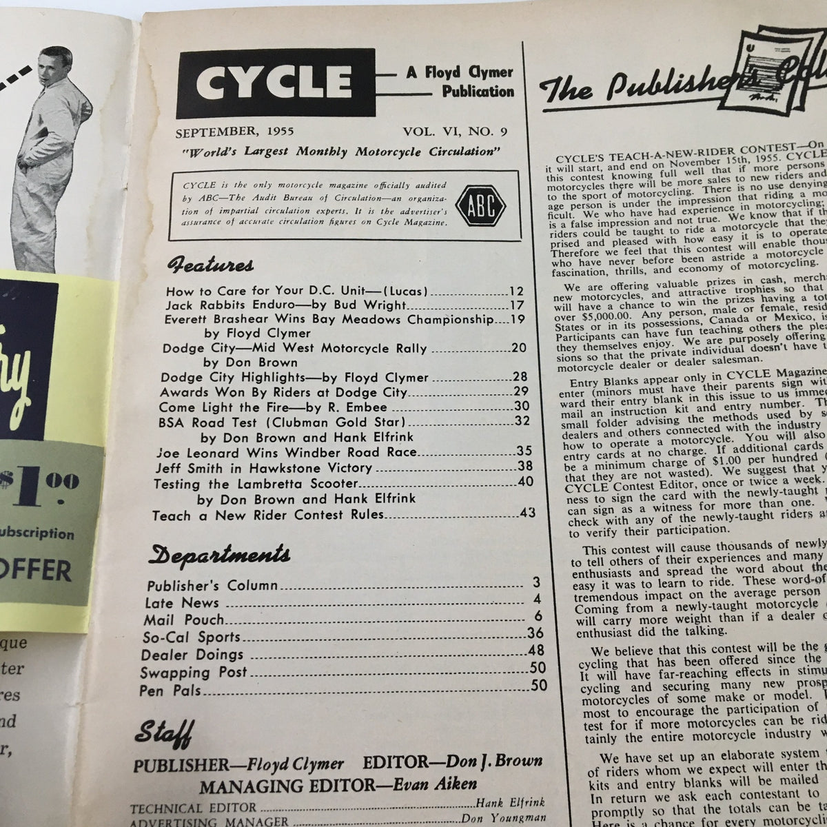 Interior page of the September 1955 Cycle Magazine listing features like 'How to Care for Your D.C. Unit' and highlights from the Windber Road Race, offering an informative glimpse into motorcycle history for the title 'VTG Cycle Magazine September 1955 Joe Leonard Wins Windber Road Race'.