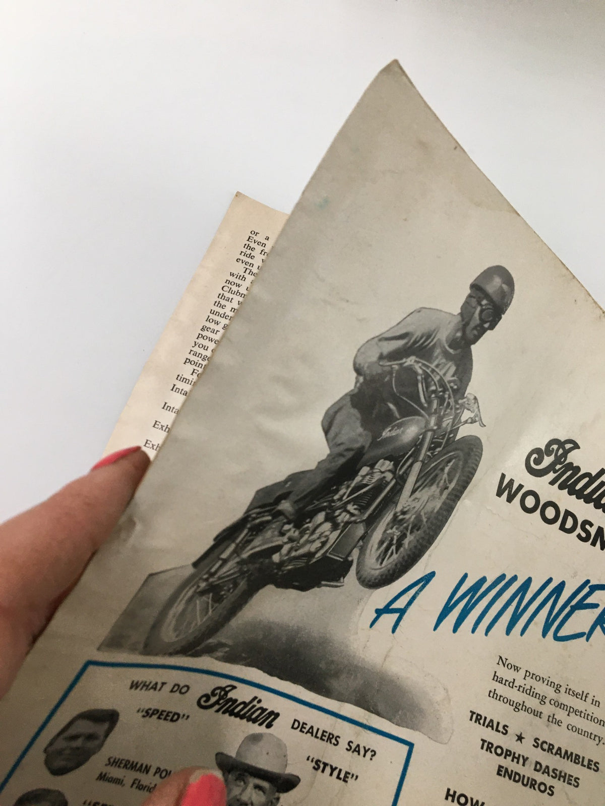 Another interior page from the September 1955 Cycle Magazine showing an advertisement for Indian motorcycles, emphasizing the competition and lifestyle of mid-20th century motorcycle culture, related to 'VTG Cycle Magazine September 1955 Joe Leonard Wins Windber Road Race'.