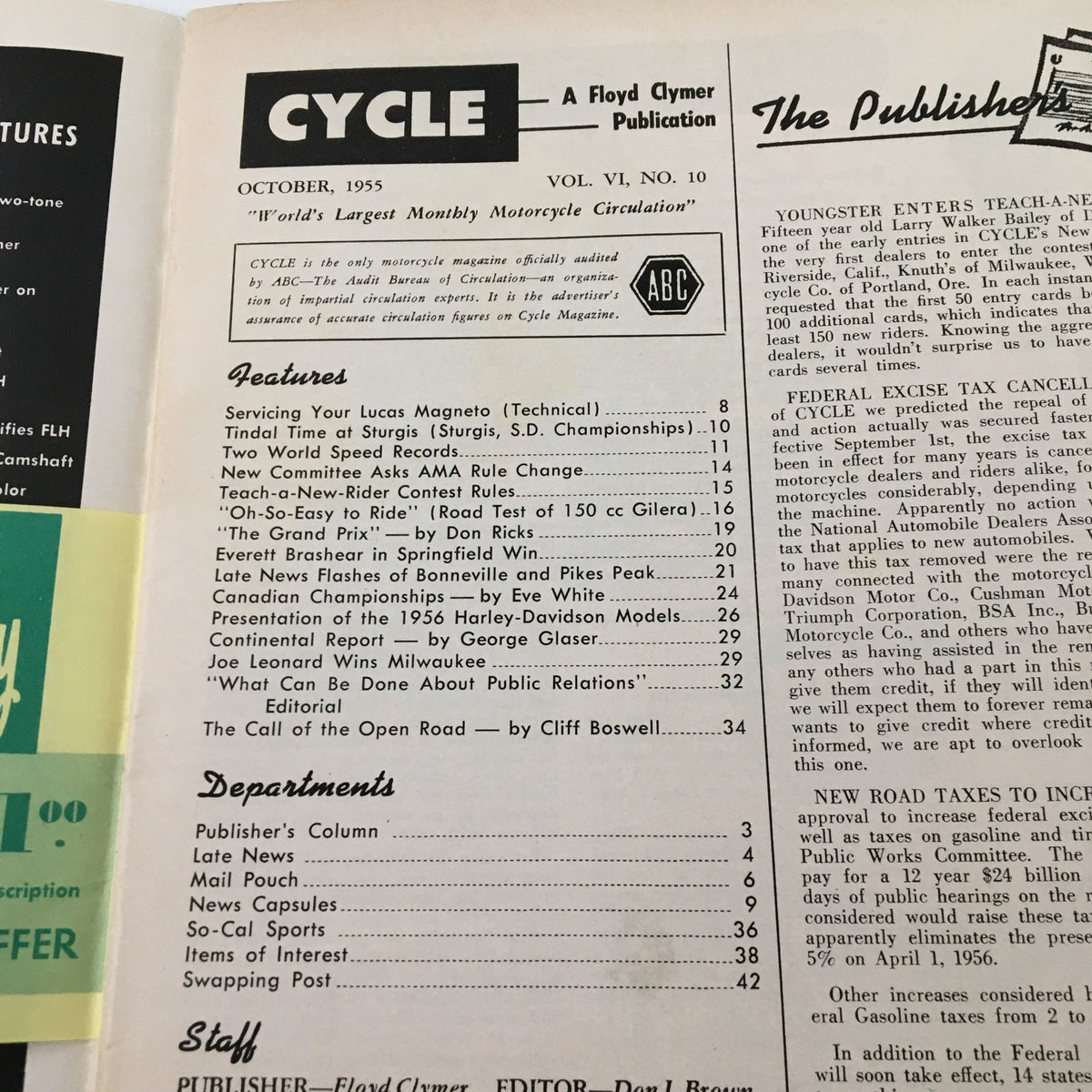 Interior page of VTG Cycle Magazine October 1955 showcasing article titles, including those about motorcycle racing features and Everett Brashear's achievements, emphasizing its historical significance.