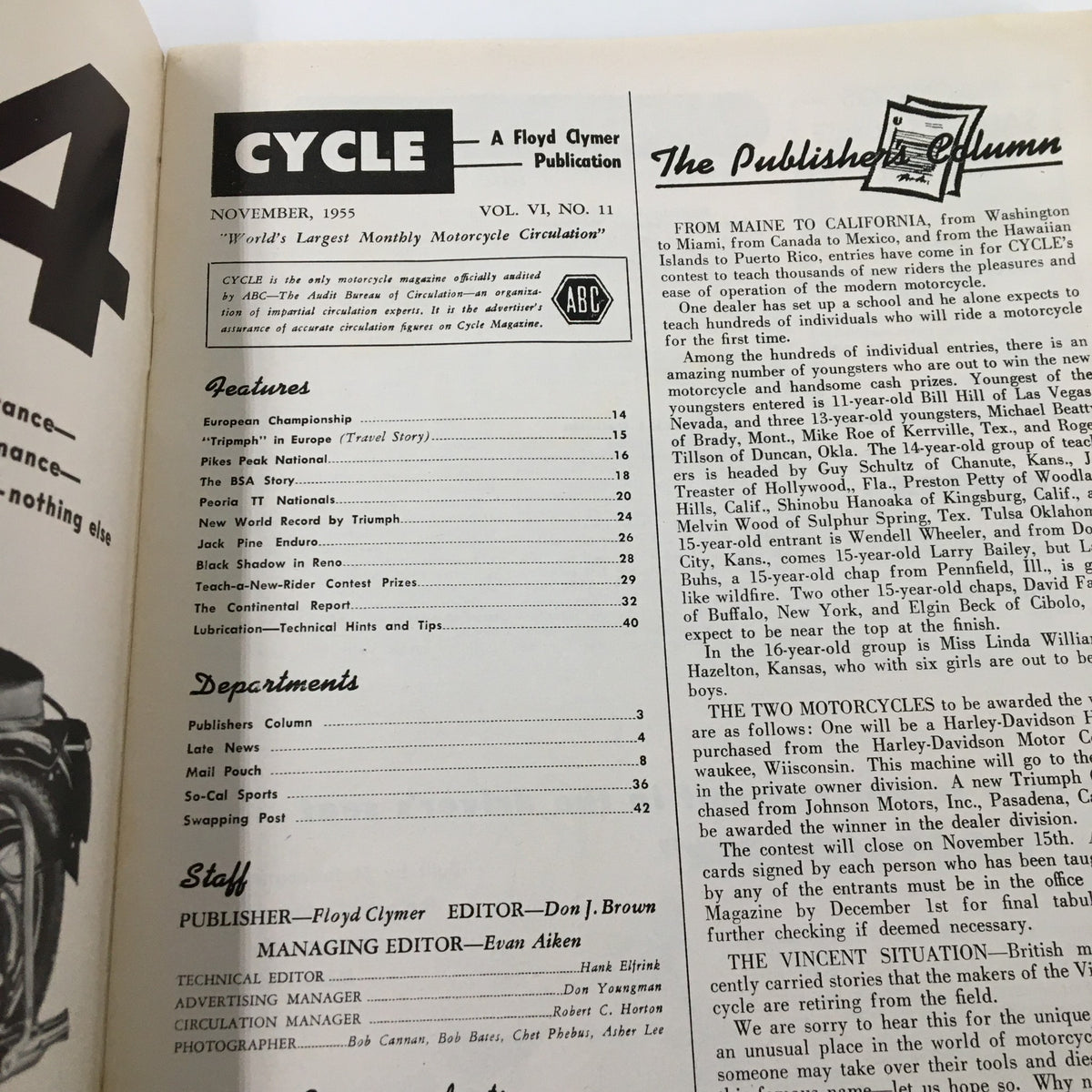 Inside page of VTG Cycle Magazine November 1955 displaying the publication details and contents. Features include a list of articles related to motorcycle events and topics, capturing the essence of mid-20th century cycling culture.