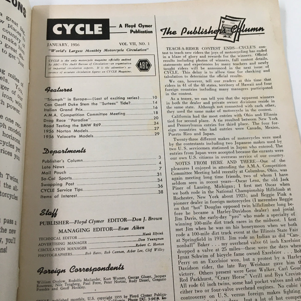Inside page of VTG Cycle Magazine January 1956 titled 'The Publisher's Column' with details about motorcycle features, departments, and editors.