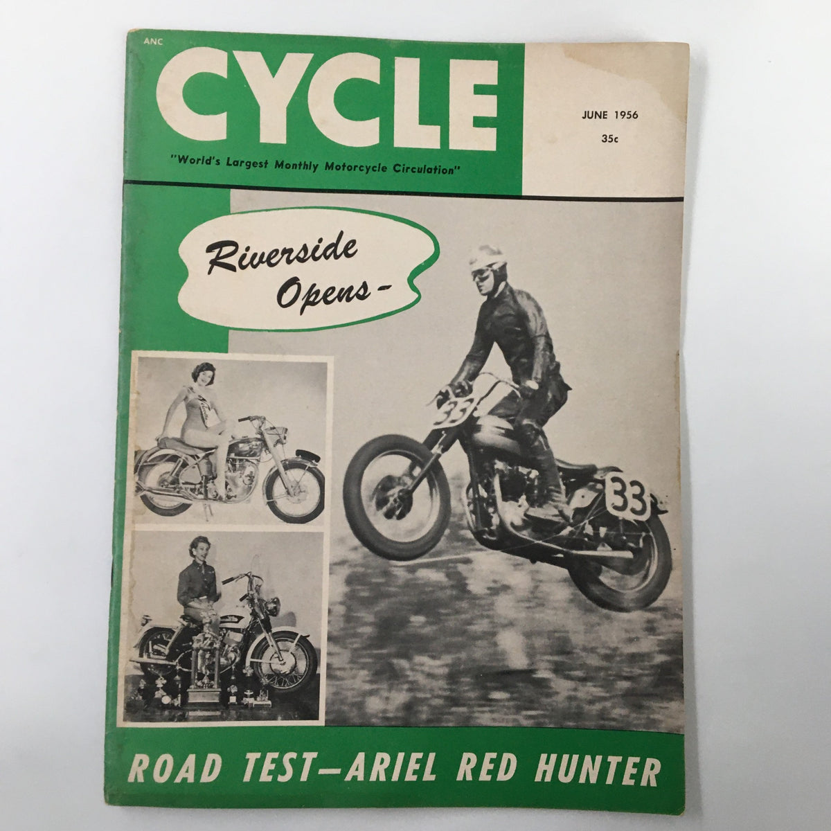 Cover of VTG Cycle Magazine June 1956 featuring a road test of the Ariel Red Hunter with a historic design and vibrant graphics.