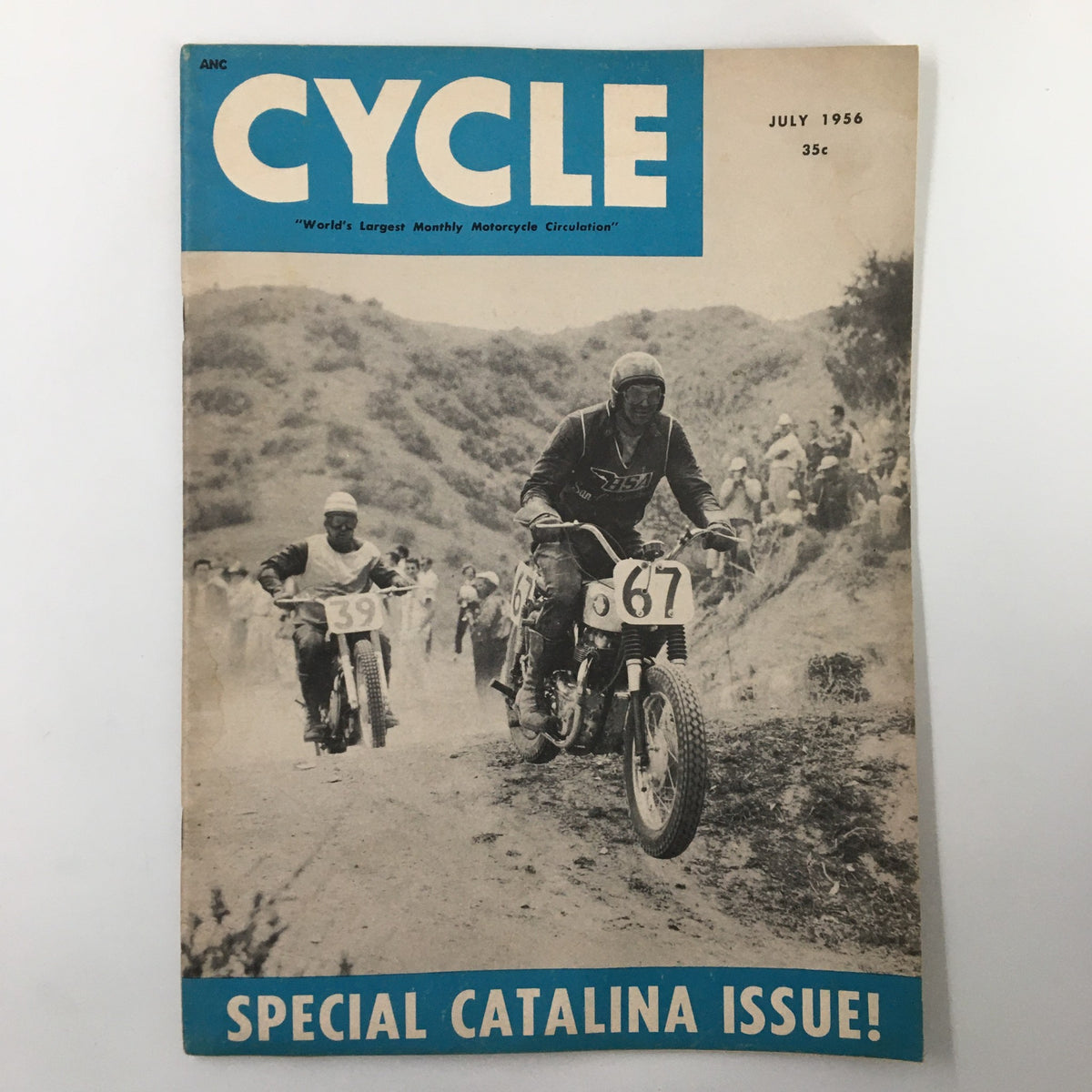 Cover of the VTG Cycle Magazine July 1956 featuring a motorcycle race scene, showcasing the Triumph Trophybird Road Test, labeled as 'Special Catalina Issue'.