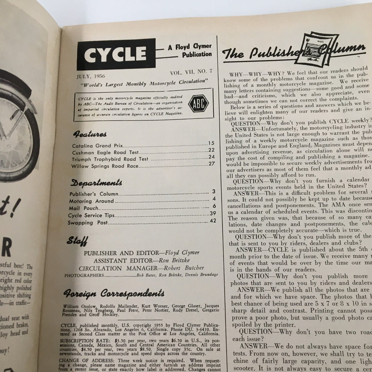 Inside page of the July 1956 issue of VTG Cycle Magazine featuring the Triumph Trophybird road test, showcasing the magazine's table of contents and sections such as features, departments, and staff details.