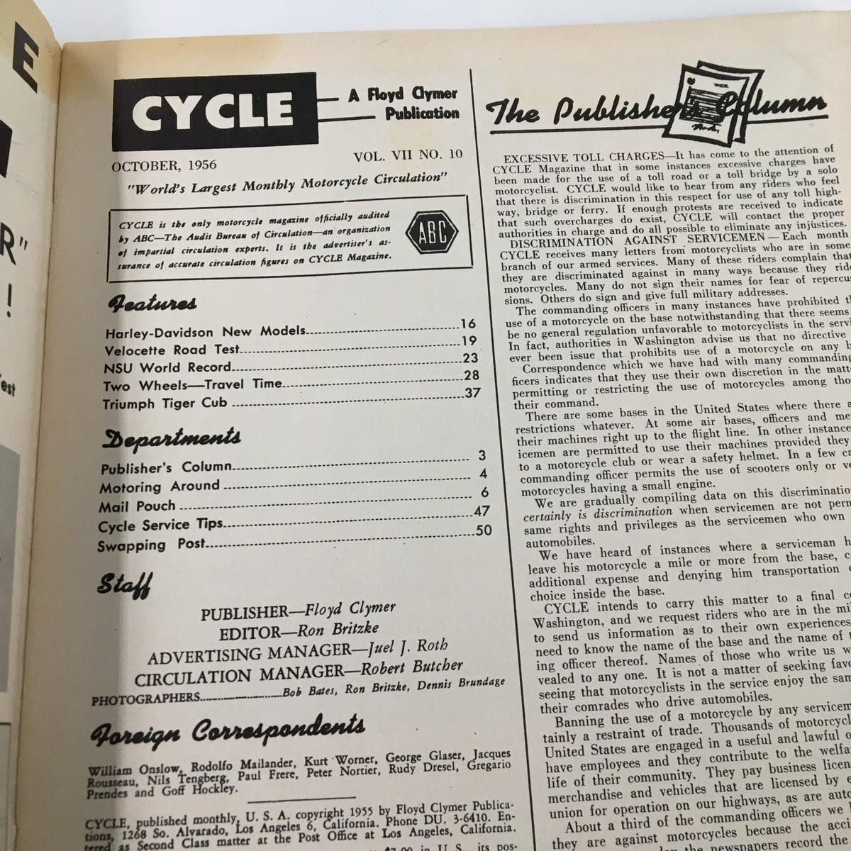 Interior page of VTG Cycle Magazine October 1956 featuring the publication header and table of contents listing features and departments.