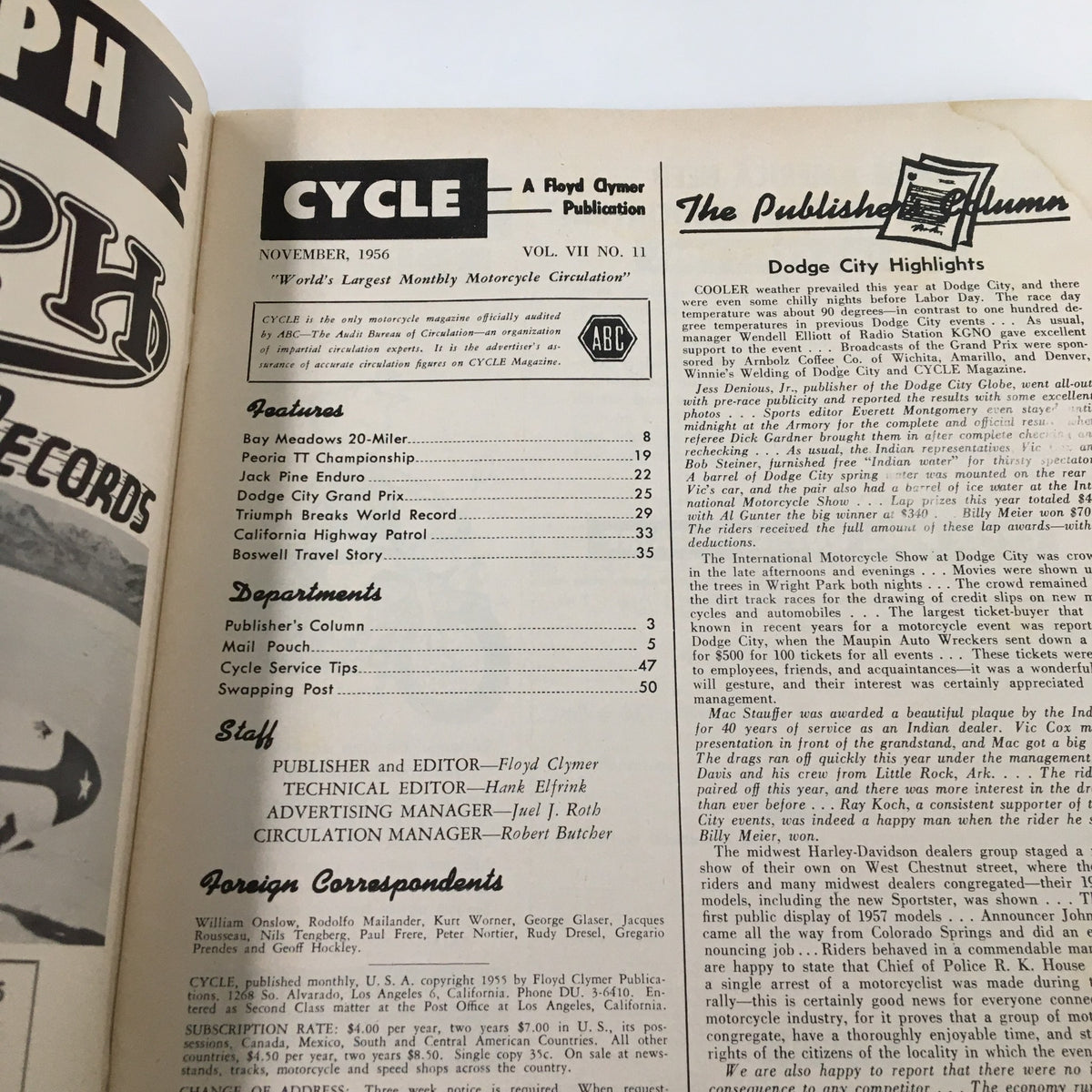 Inside page of VTG Cycle Magazine November 1956 with the table of contents and features including the Dodge City Grand Prix.