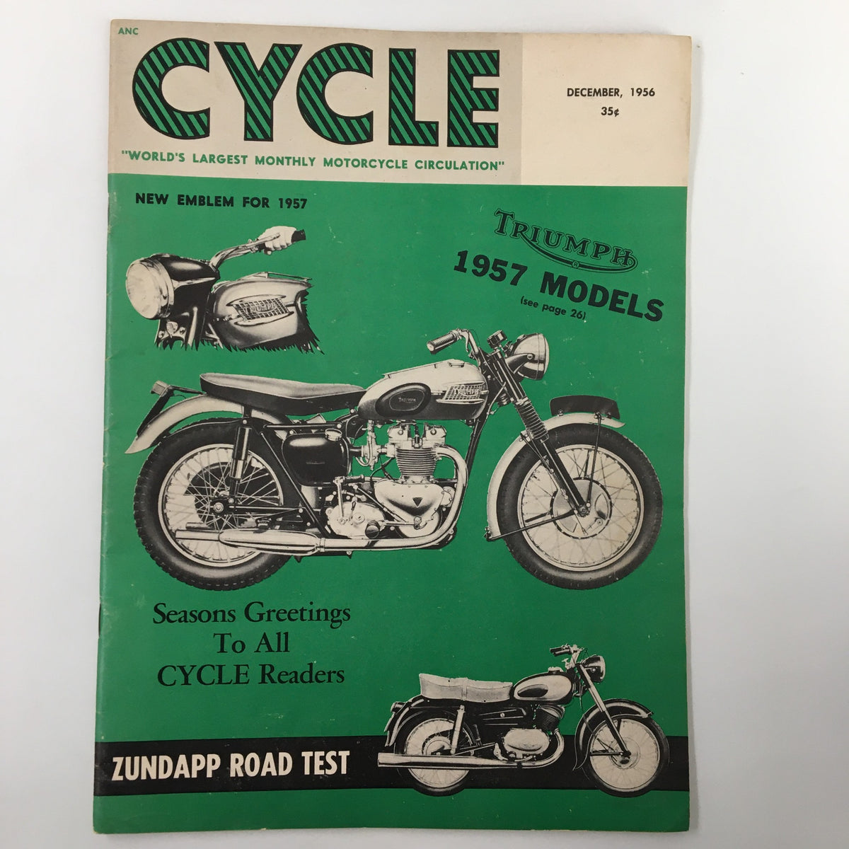 Cover of VTG Cycle Magazine December 1956 featuring the headline 'Tame Cyclists Disown Terrors' and images of motorcycles against a green background.